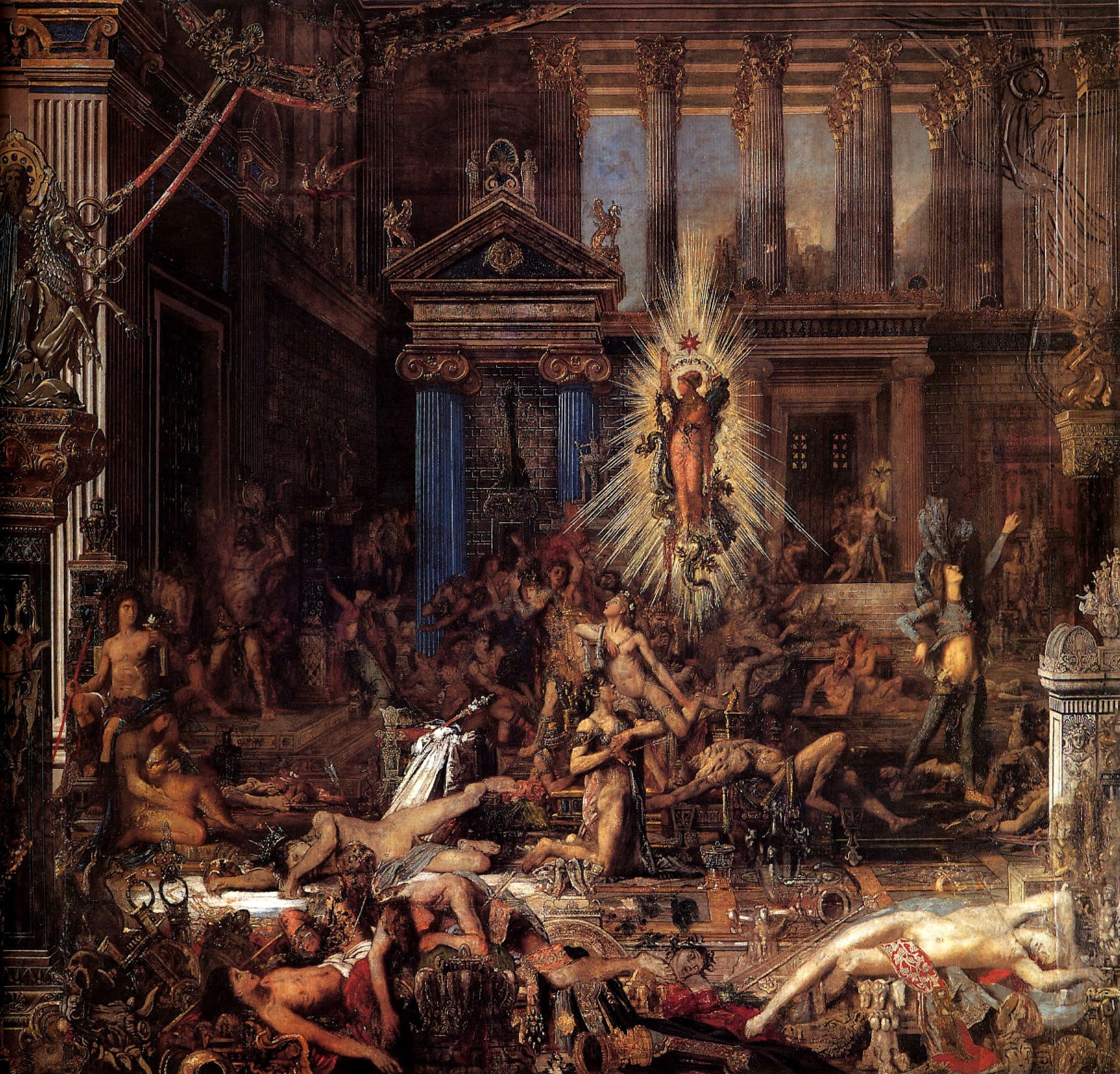 This painting shows the suitors in complete disarray. Description from the Musée National Gustave Moreau: “Ulysses, on his return to Ithaca, massacres the young princes who had been courting his wife Penelope during his absence. He is depicted holding his bow in the background of the painting, with an owl on his head, the animal attribute of Minerva. The goddess appears, towering over this scene of carnage, her body surrounded by a halo, like a Christ at the Last Judgment. In this profusion of bodies, several figures stand out: on the right, the androgynous figure of a young man dressed in blue (inspired by a classical sculpture of the god Atys, copied at the Uffizi Gallery in Florence in 1858); in the centre, a figure of the prince-poet kneeling down and leaning on a lyre personifying Phemios, the aed (singer of epic poetry), whom Ulysses spared at the request of his son Telemacus.”