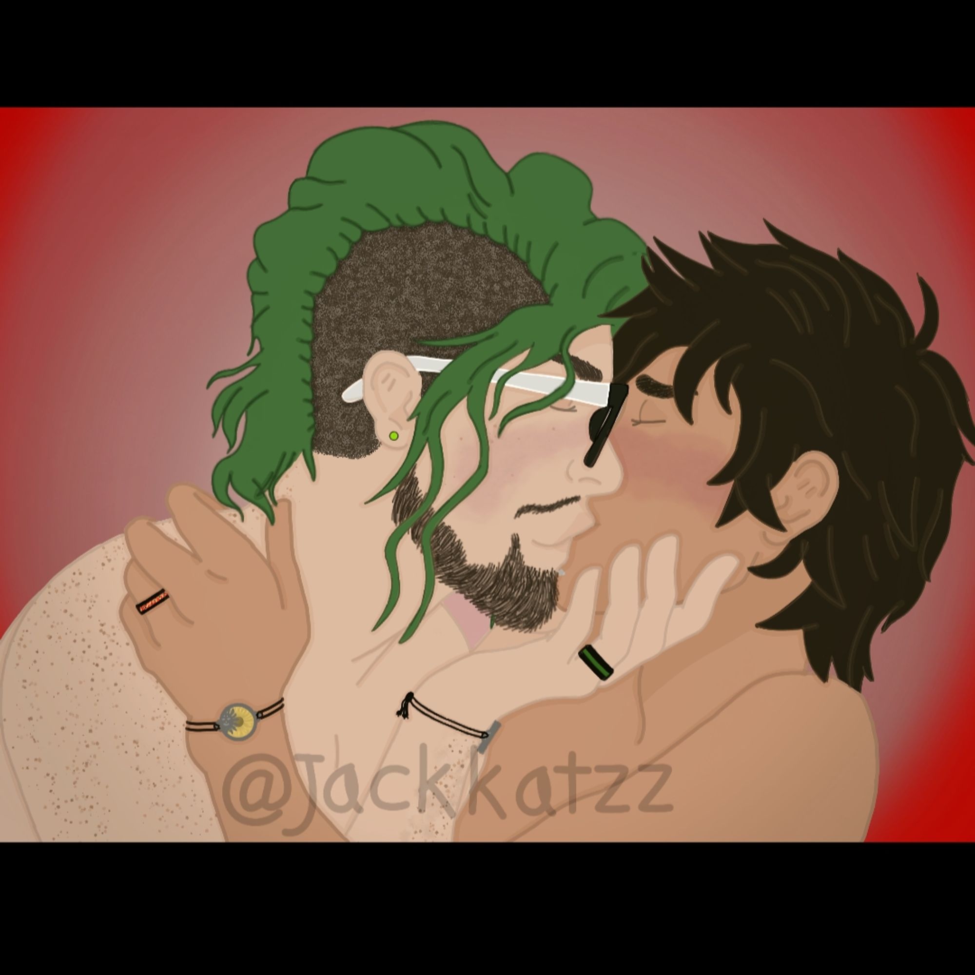 Digitally drawn rendition of myself (green mohawk and glasses) and my boyfriend (dark hair and sun themed bracelet) having a good smooch