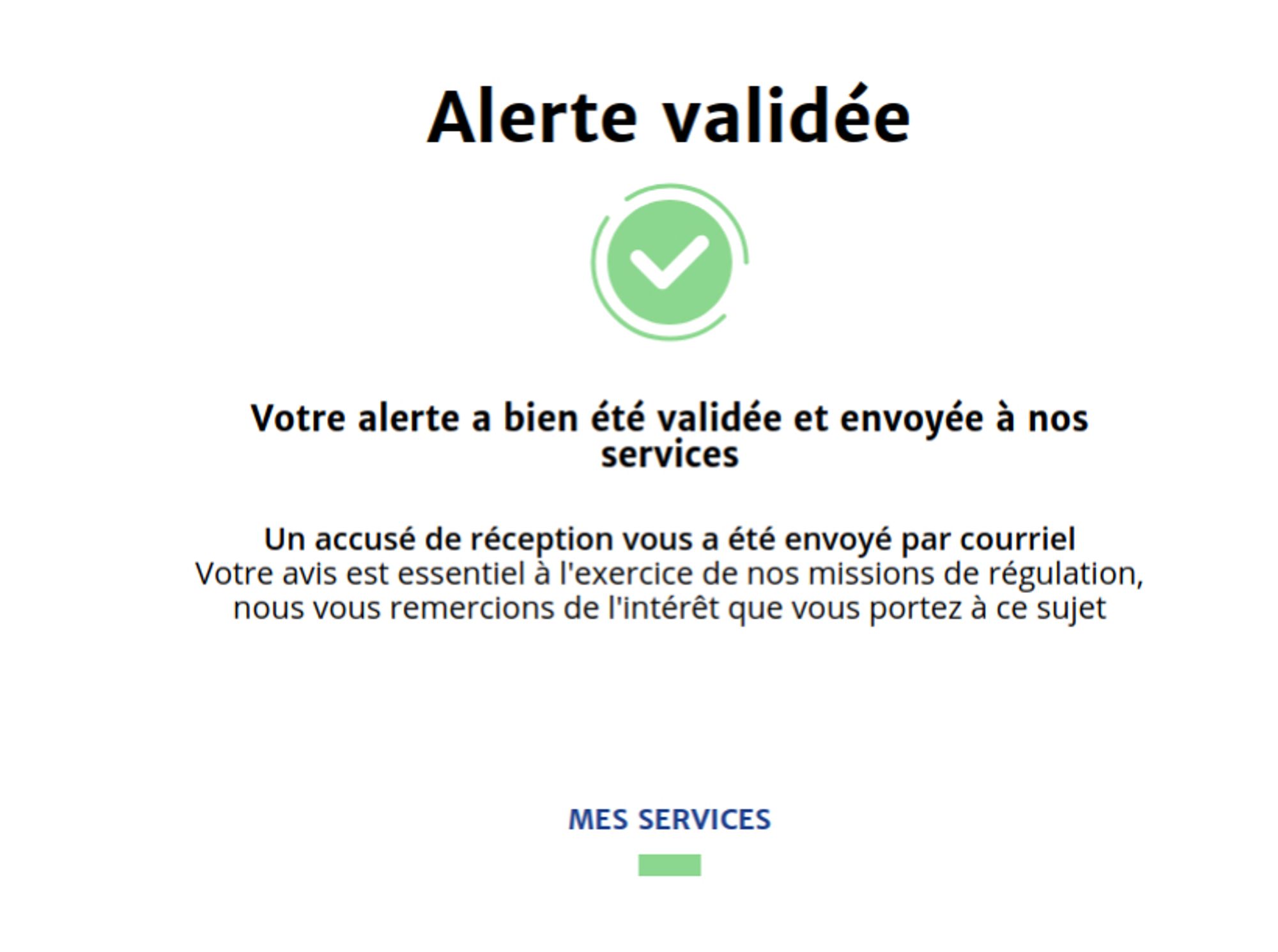 Notification Arcom comme quoi l'alerte a été validée