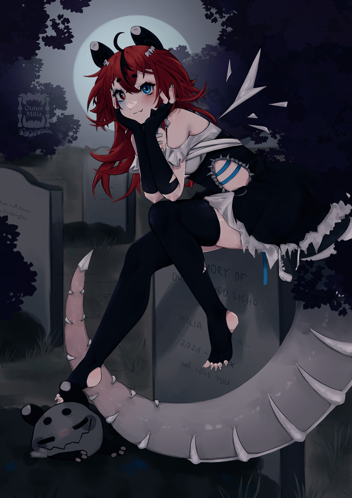 milia sitting on a gravestone, head haloed by the moon 🦴