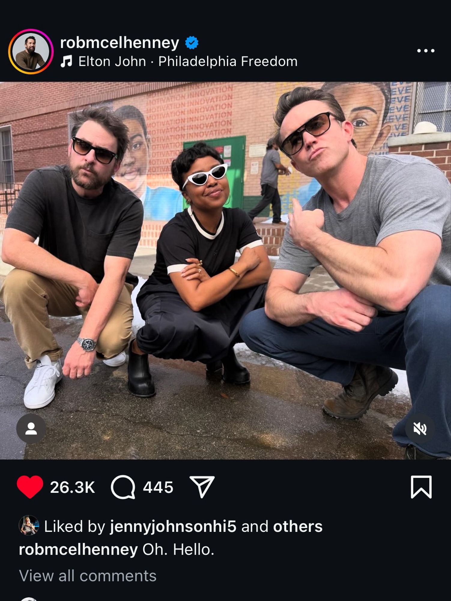 Charlie Day, Quinta Brunson, and Rob McElhenney pose on the set of Abbott Elementary, via McElhenney’s instagram account