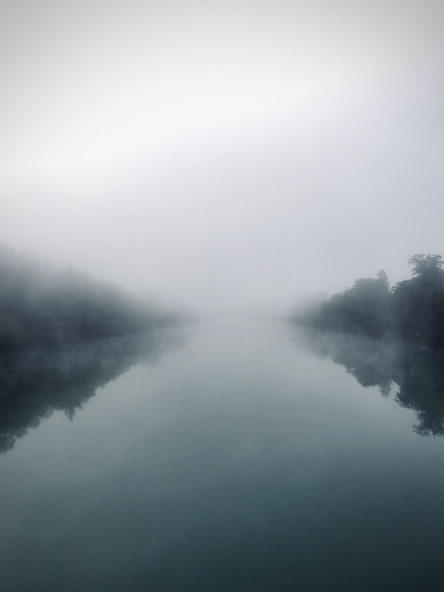 Blick flussaufwärts, das Wasser ist ruhig. Beidseitig des Flusses Wald. Der Fluss und der Wald verschwinden im Nebel. Der Nebel hat alle Farben verschluckt, alles ist in Grautönen.