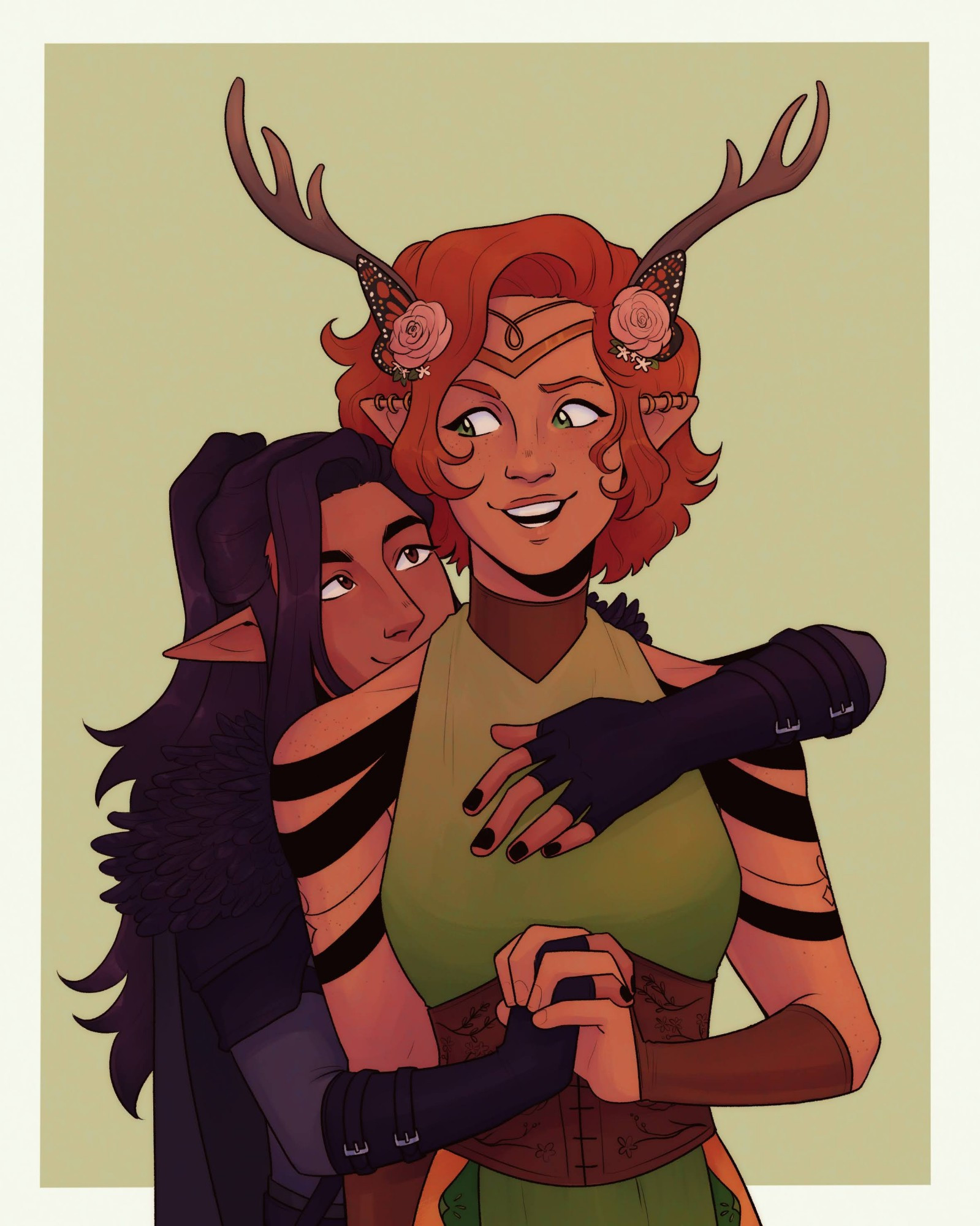 A digital illustration of Vax'ildan and Keyleth from Critical Role. Vax is stood behind Keyleth, he has his left arm around Keyleth's shoulder and his right arm is wrapped around in front of her middle where she's holding his hand. Keyleth is looking towards Vax with a smile and a slightly incredulous expression. Vax's face is partially hidden behind Keyleth's right shoulder and he's smiling up at her.