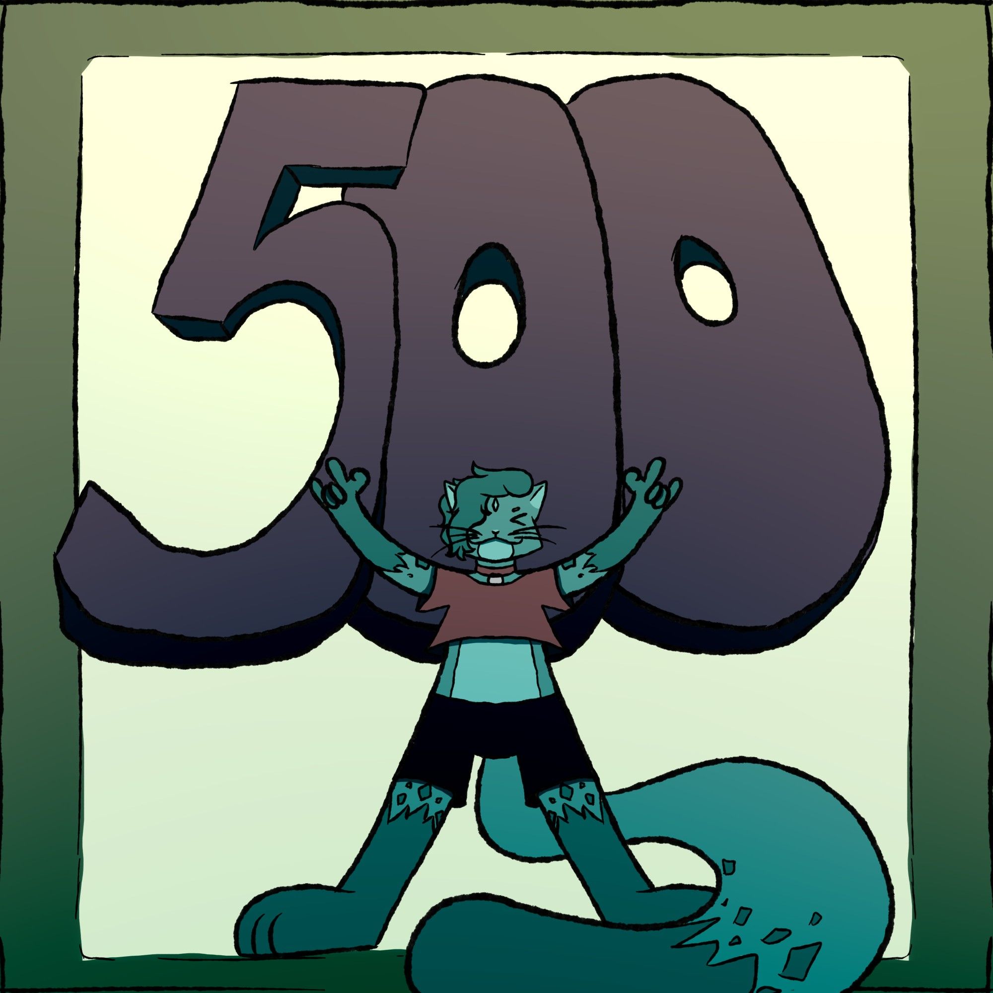 anthropomorphic cat standing in front of a floating 500 number