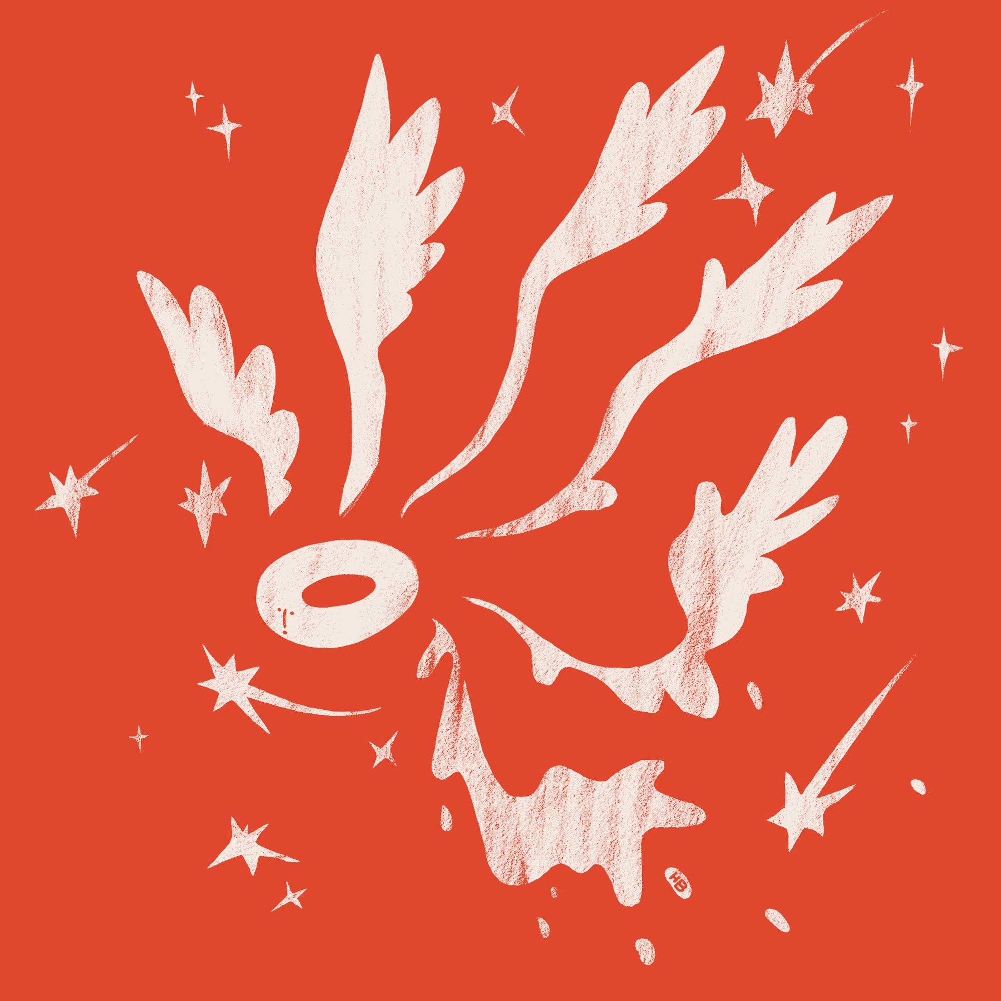 A white, many-winged entity careens downward on a red field. The entity is ring-shaped, and the wings appear to be melting. The figure is surrounded by falling stars.