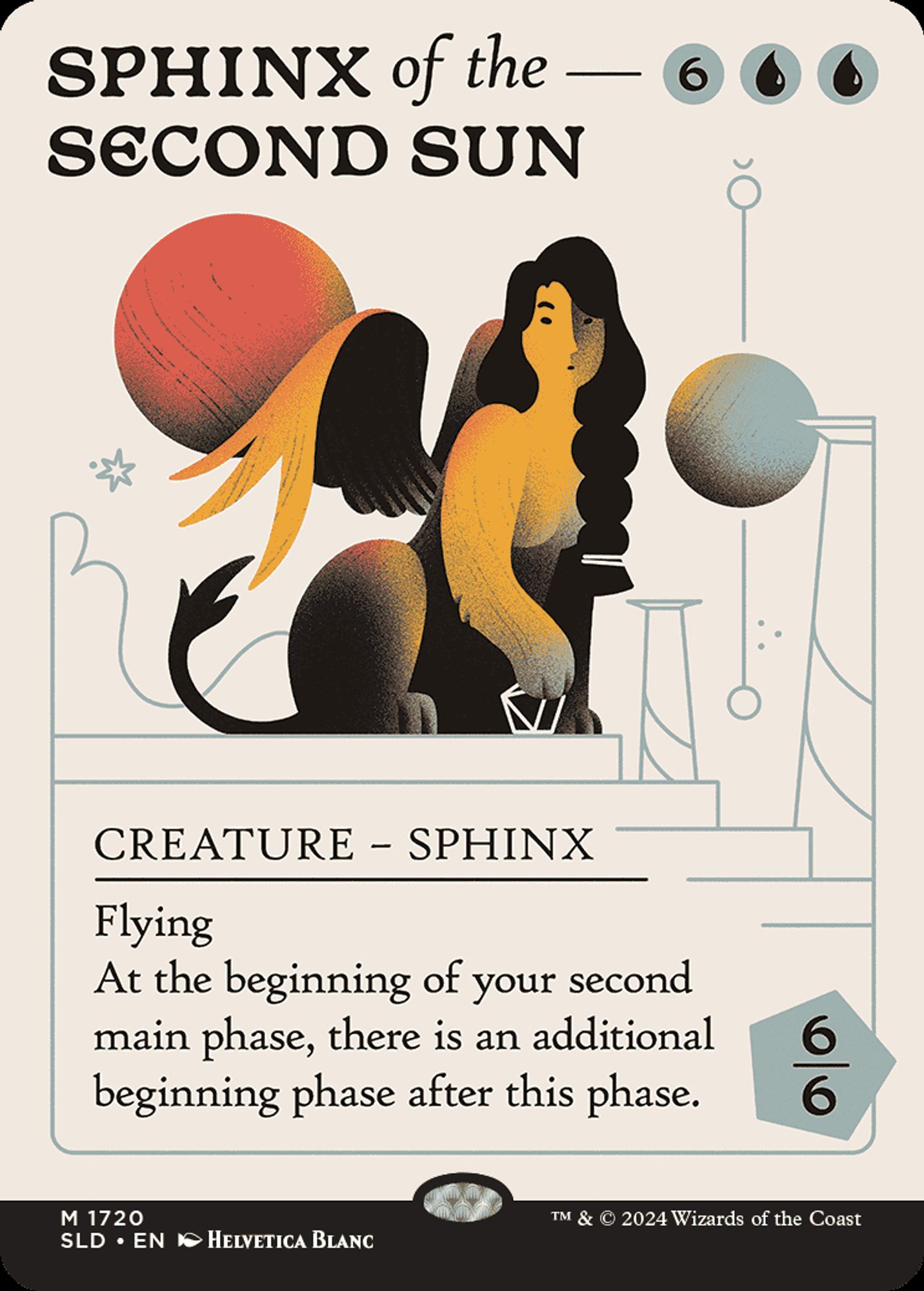 The MtG card 'Sphinx of the Second Sun', which depicts a sphinx in a temple setting, flanked by two setting suns.