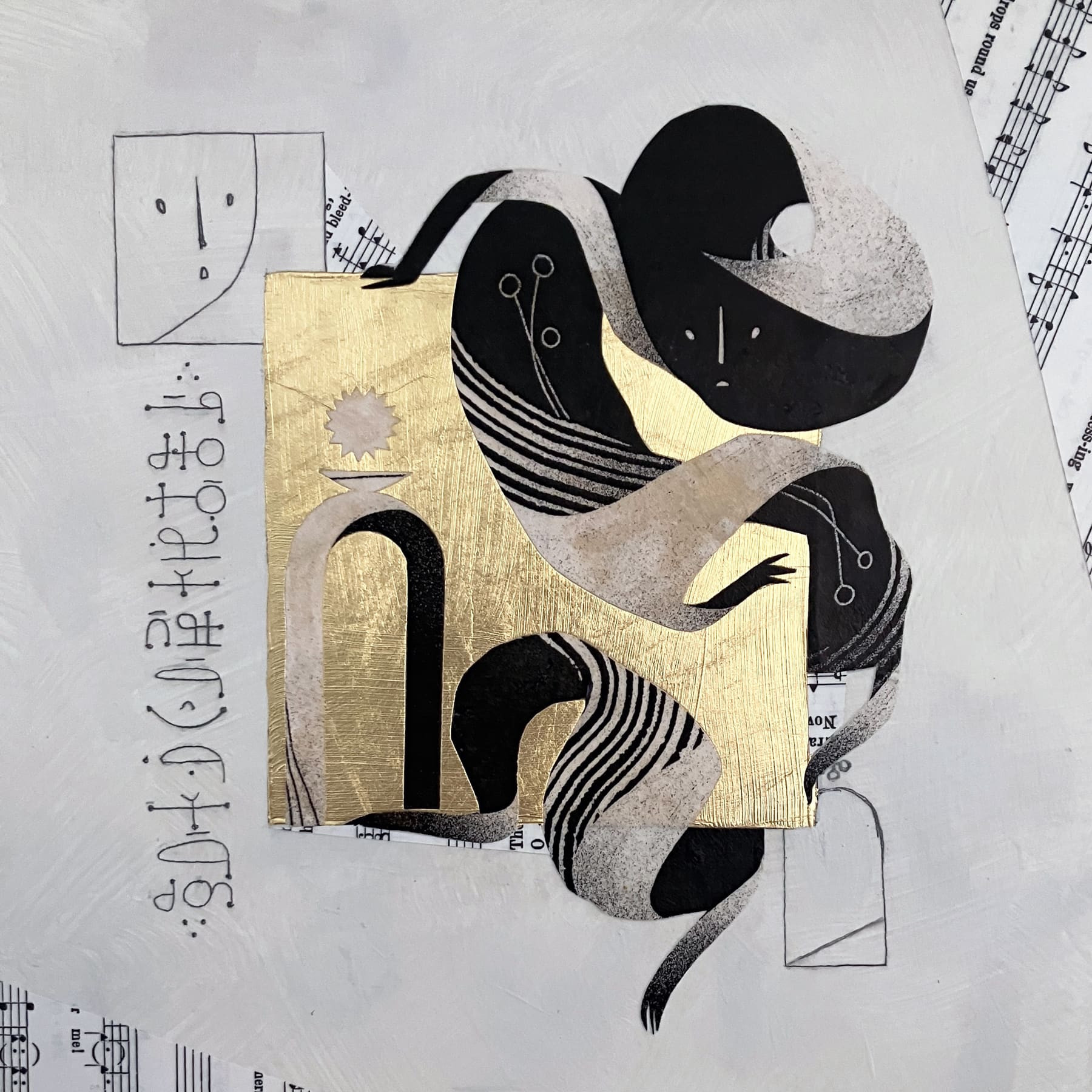 A ribbon-like, collaged entity wraps around a gilded, gold square. Inside the square is an archway with a star above it. Surrounding the square are drawings of a face and door, collaged sheet music, and text in Wormrōte that reads 'I'm still trying to find my way into myself'.