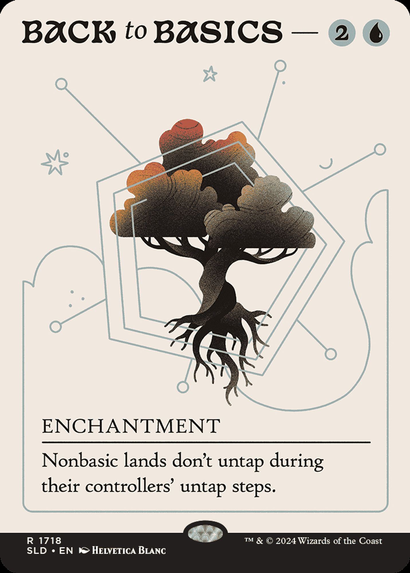 The MtG card 'Back to Basics', which depicts a tree hovering in space, bound by sigils.