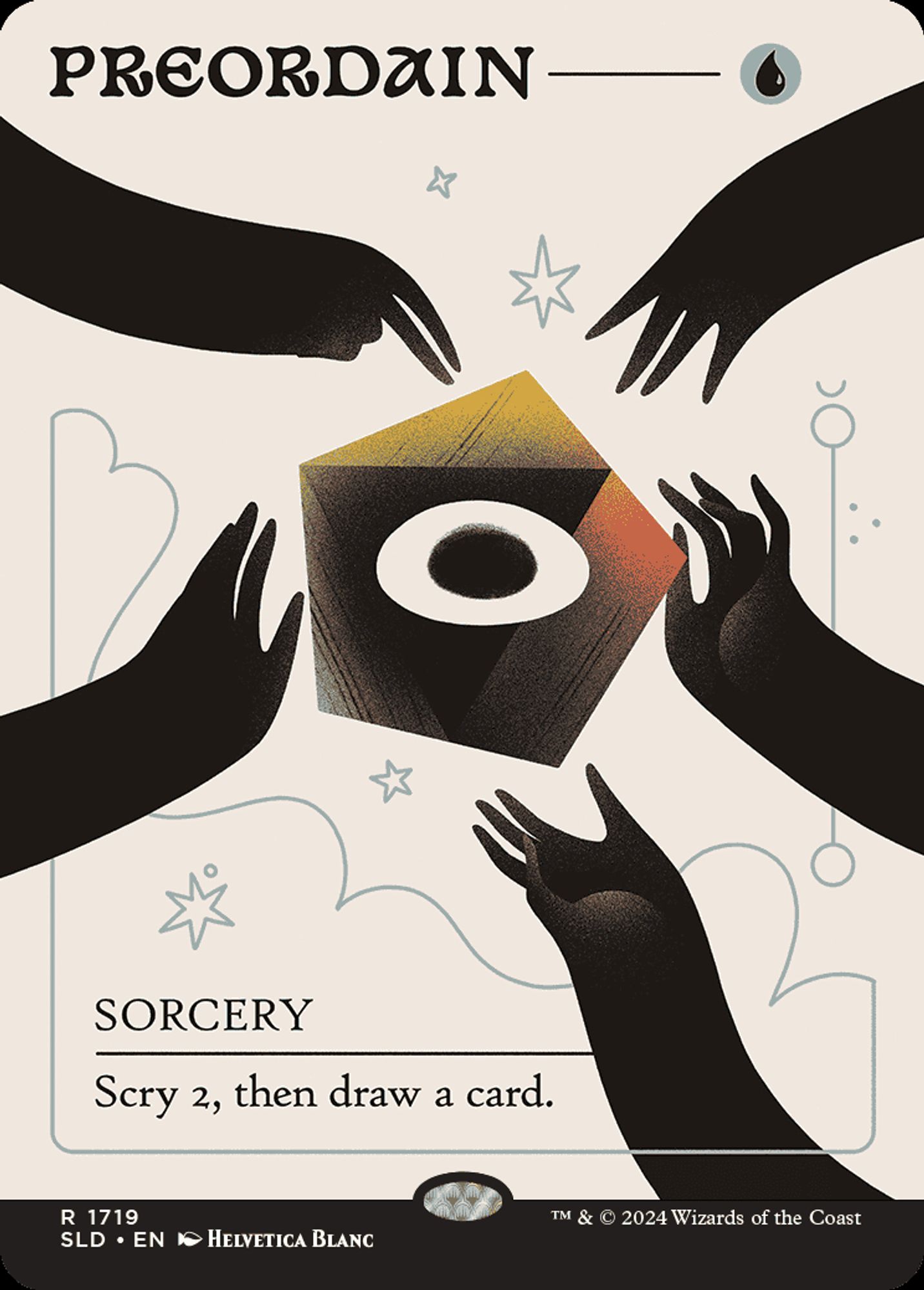 The MtG card 'Preordain', which depicts a many-colored pentagonal shape with an eye in the center, nearly grasped by five shadowy hands.