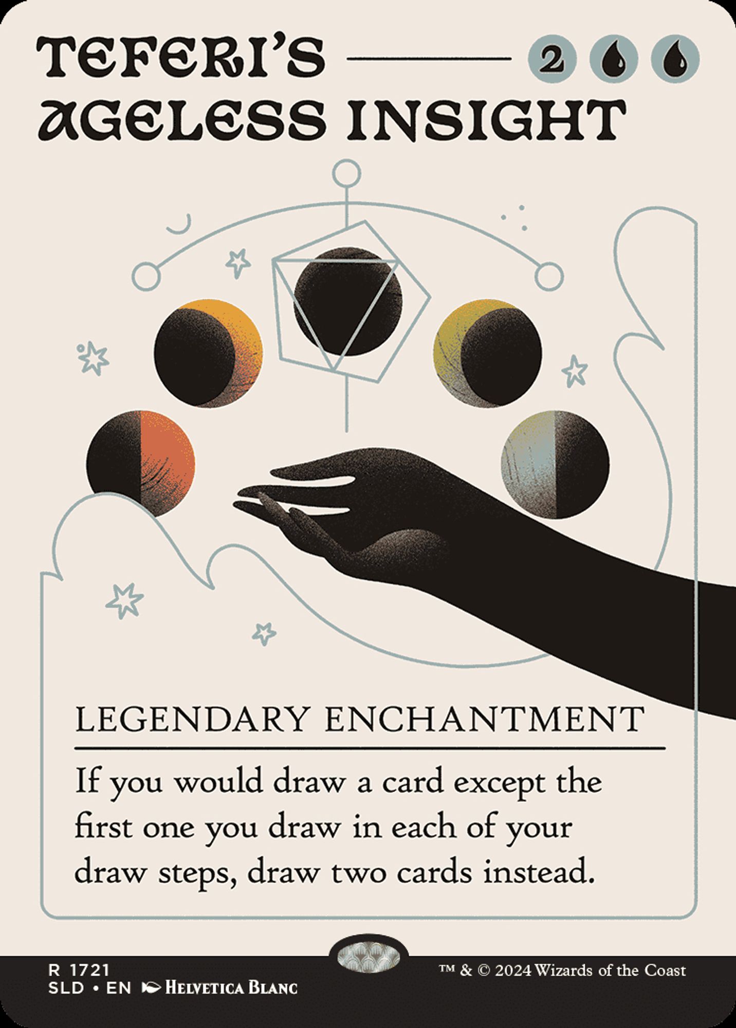 The MtG card 'Teferi's Ageless Insight', which depicts a shadowy hand holding a sigil containing the cycles of the moon.