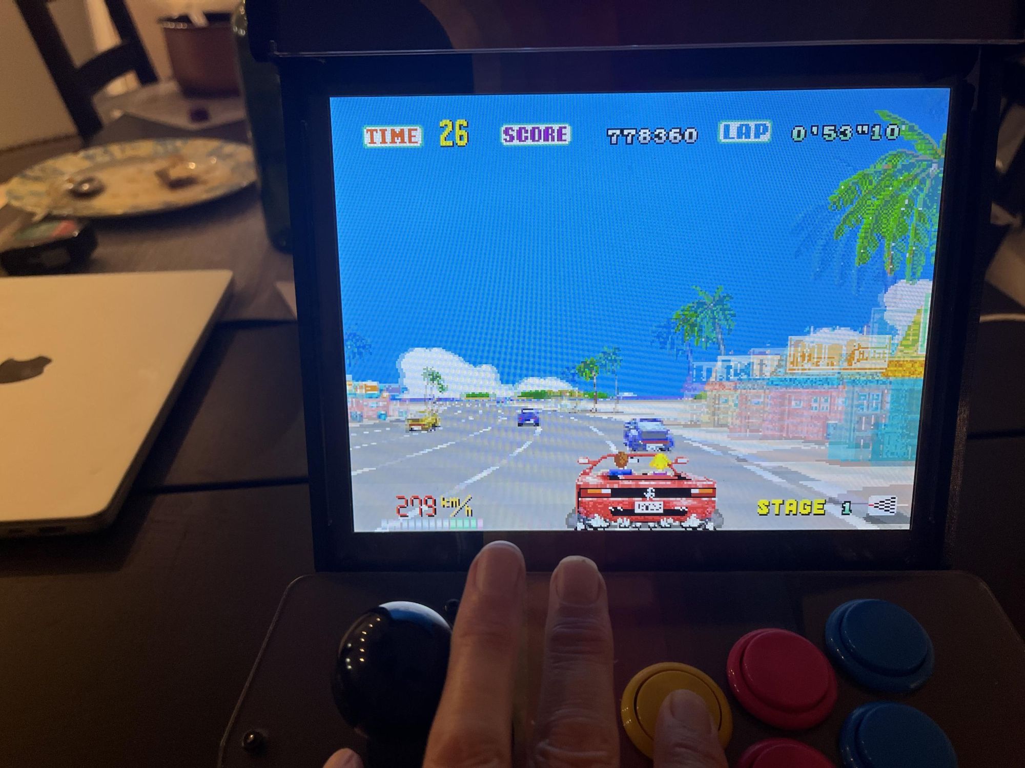 a “picade” arcade emulator running classic video game, Outrun