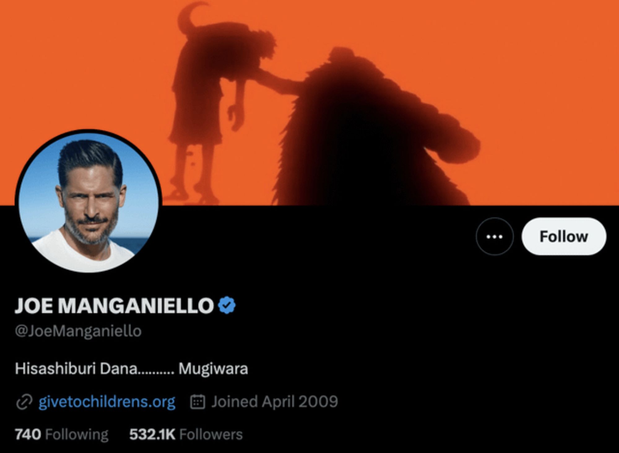 The Twitter / X profile for Joe Manganiello, who is cast to play Sir Crocodile in the One Piece Live Action show on Netflix. His profile banner is now a scene from the anime where Crocodile  stabs Luffy with his hook, and his Bio is now a quote in Japanese from the same anime: Hisashiburi dana… Mugiwara (which translates to “it’s been a long time… Strawhat”)