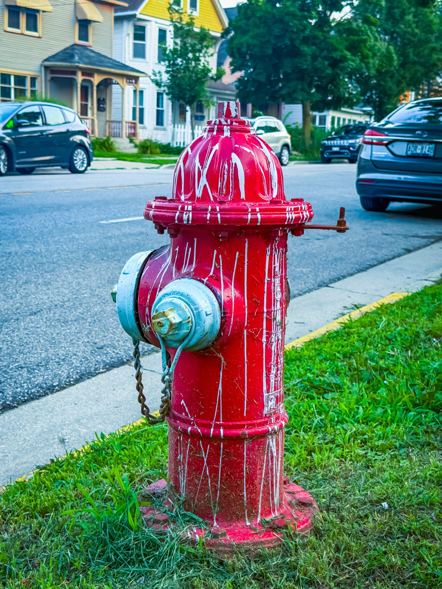 Image of a red fire hydrant with white caps on the sides and white paint streaks over the entire apparatus.