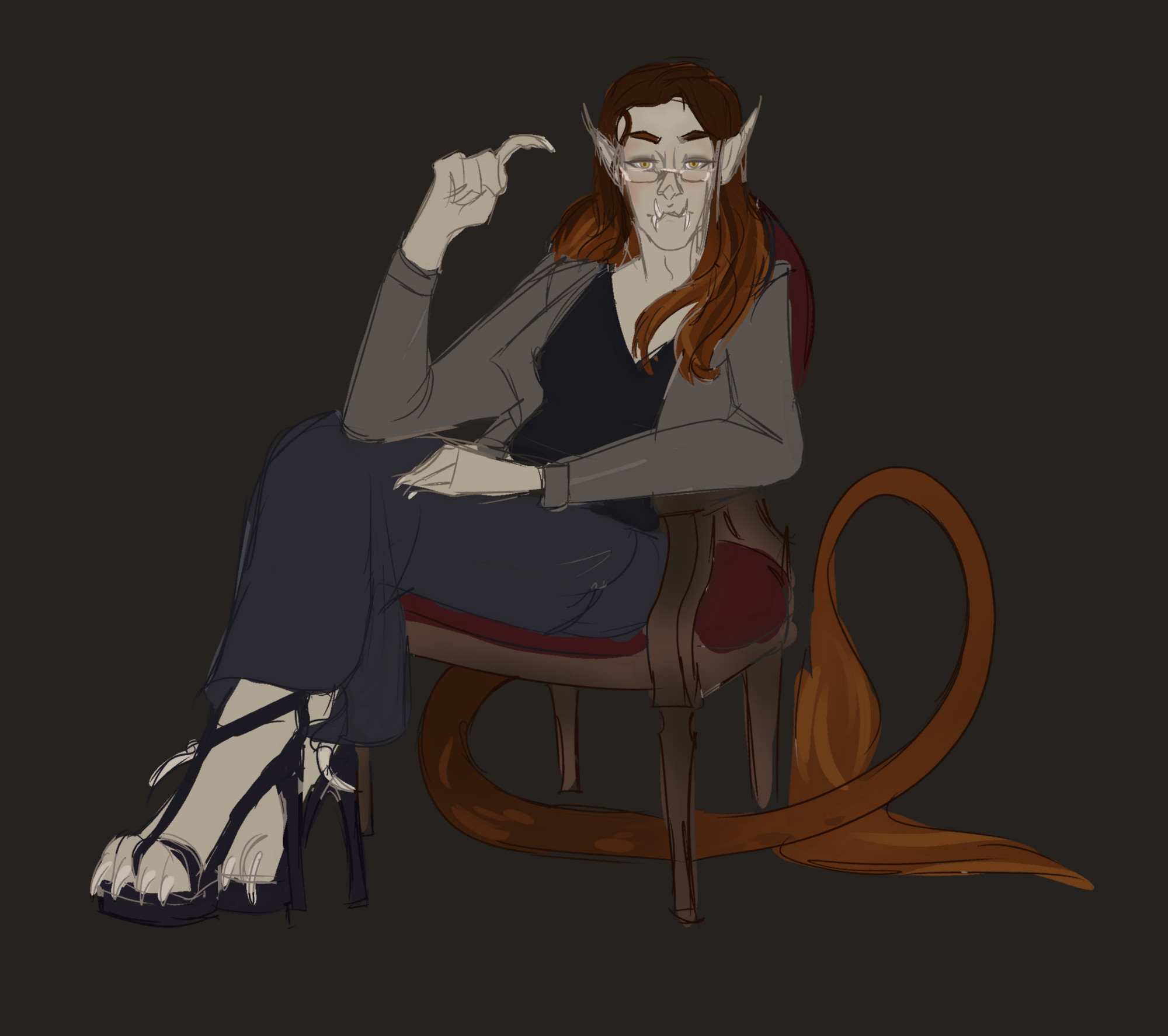 A digital sketch of Lea, a Yaegerfae character. She is sitting in a fancy wooden chair, with pale colored formal work clothes. Her long red hair matches the color of her tail.