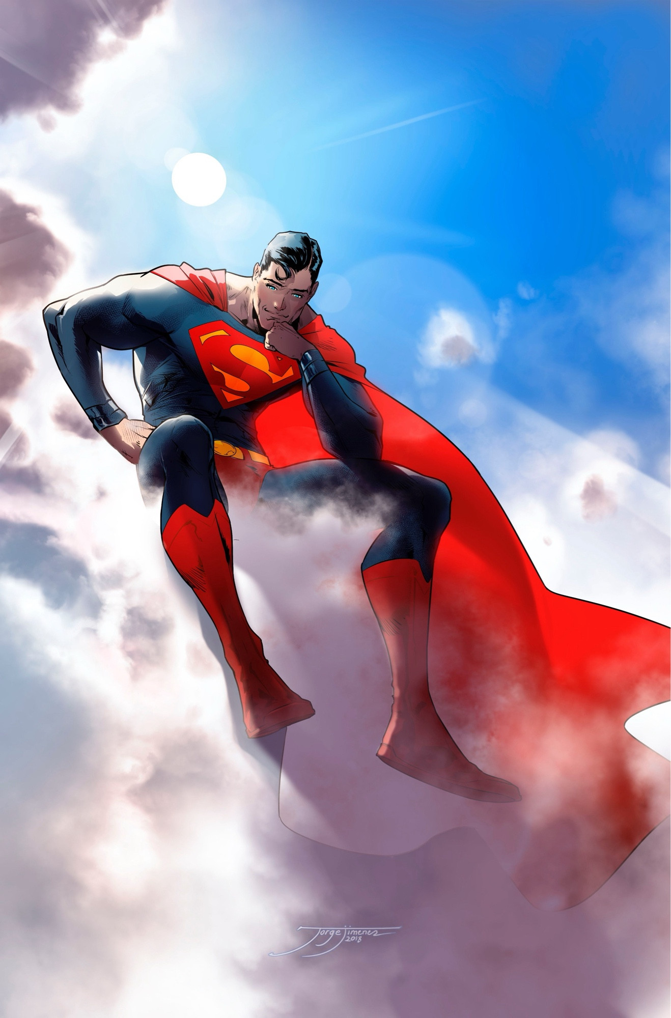 Picture of Superman sitting on a cloud, staring down below drawn by Jorge Jimenez.