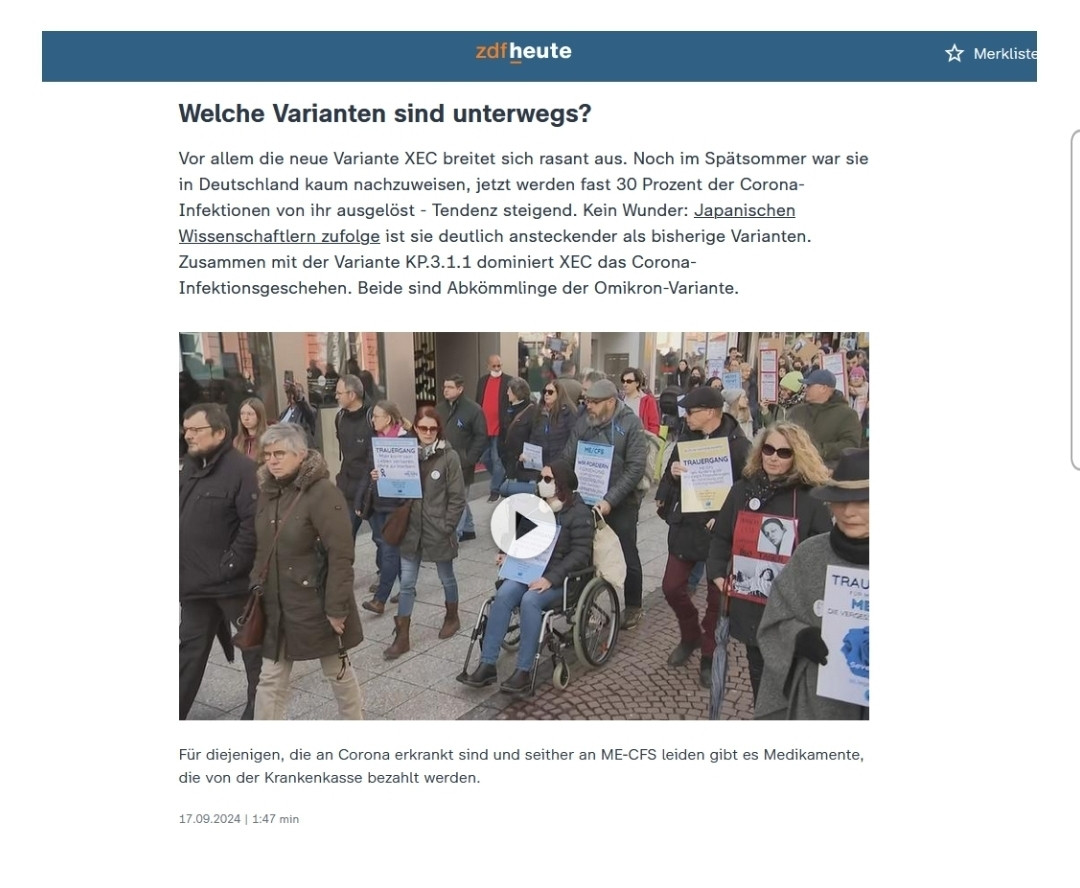 Screenshot des Bildschirms bei ZDF heute, welches unter einem Video zu einem Trauergang ME-CFS Erkrankter und deren Angehörigen die Behauptung aufstellt, es gäbe für diejenigen, die an Corona erkrankt sind und seither an ME-CFS leiden,  Medikamente, die von der Krankenkasse bezahlt werden.