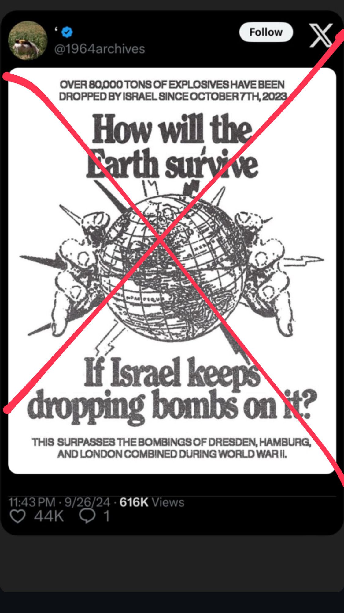 Photo of screenshot of Instagram account showing vintage style propaganda art of two hands grasping at a glove, captioned “how will the earth survive if Israel keeps dropping bombs on it”