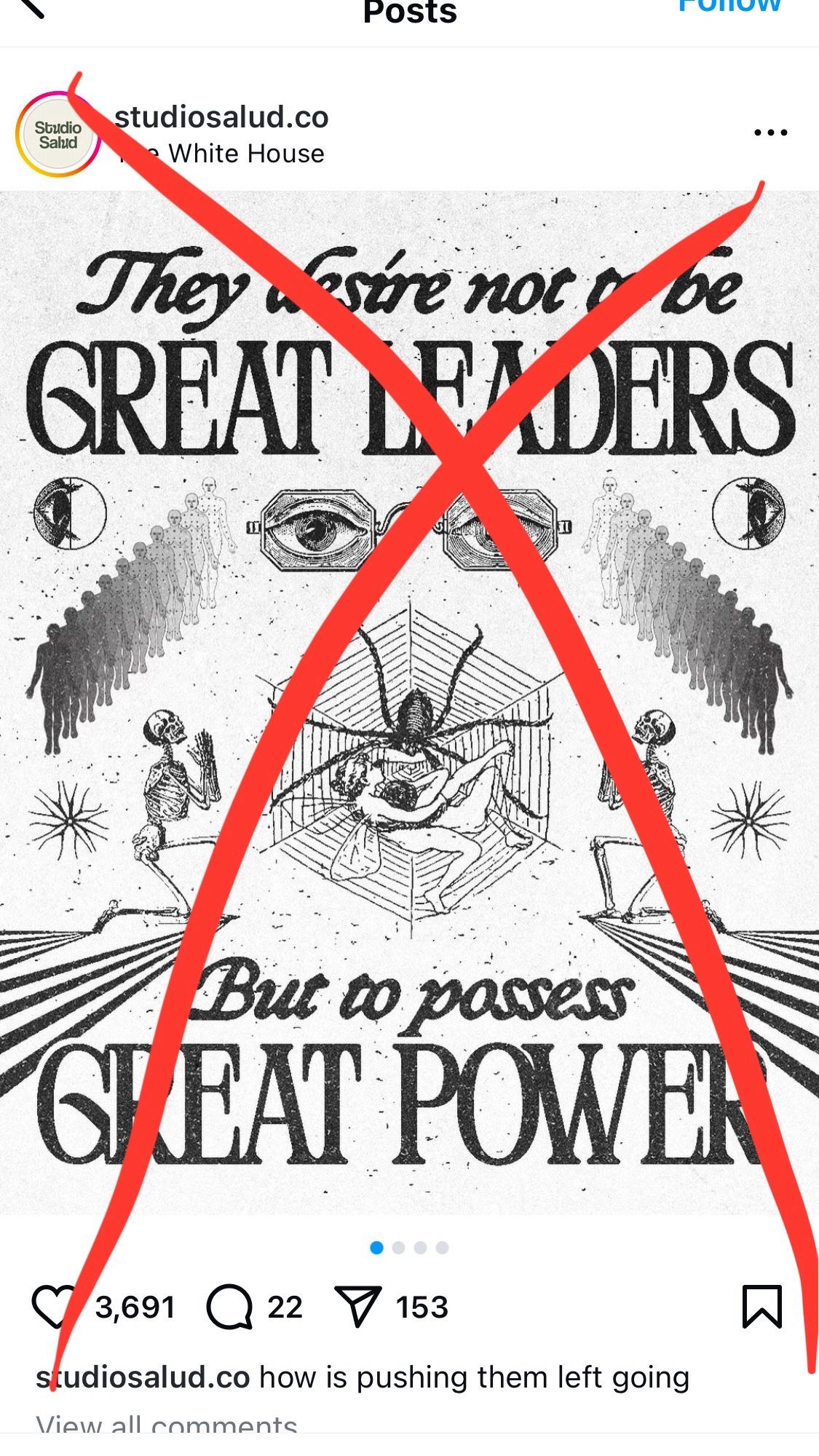 This is the worst one. Captioned “they desire not to be great leaders but to possess great power” with a six sided web and a spider with six legs trying to consume a nude white figure while two skeletons kneel praying on either side