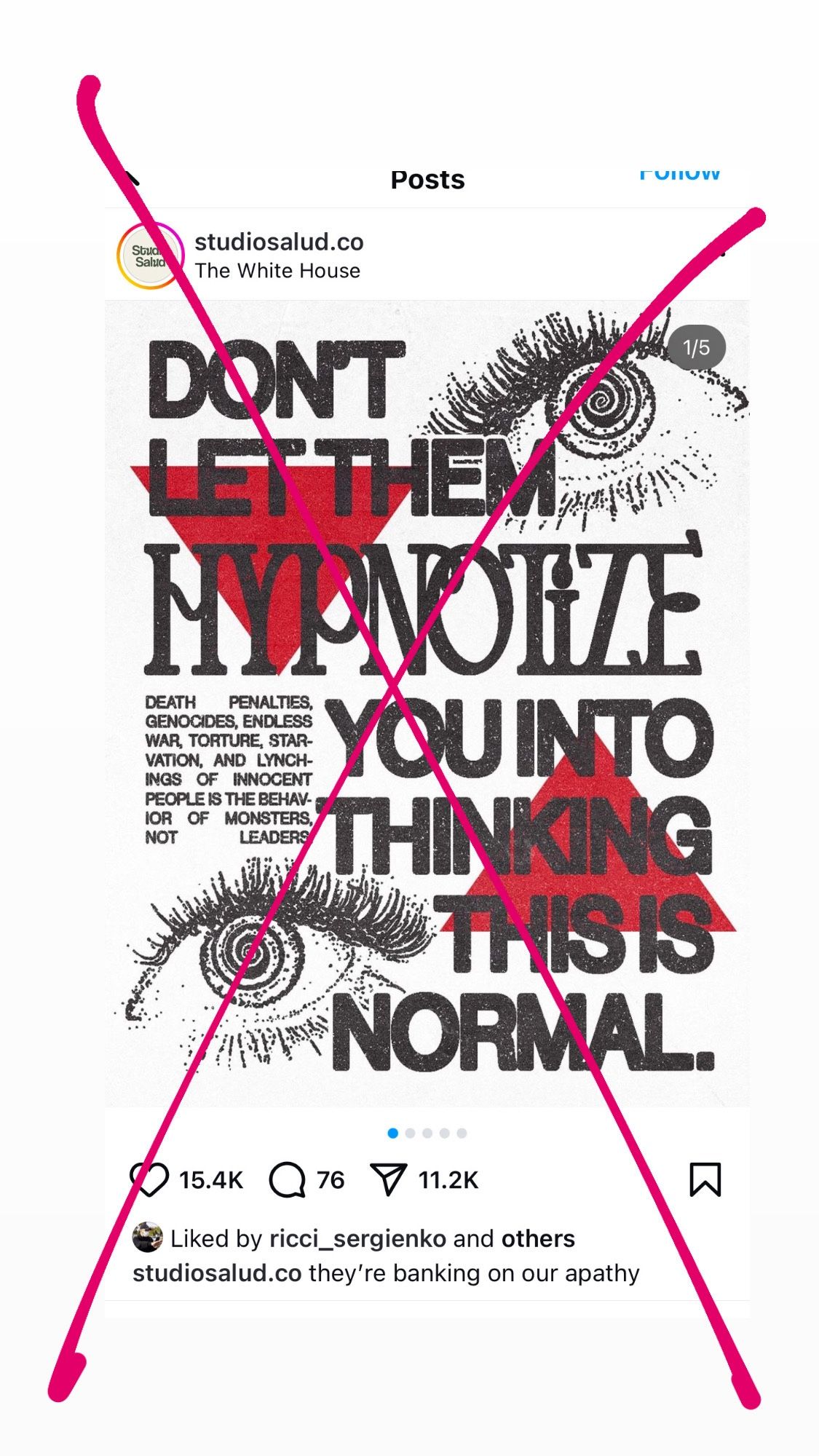 Propaganda art of eyes being hypnotized captioned “don’t let them hypnotize you into thinking this is normal”