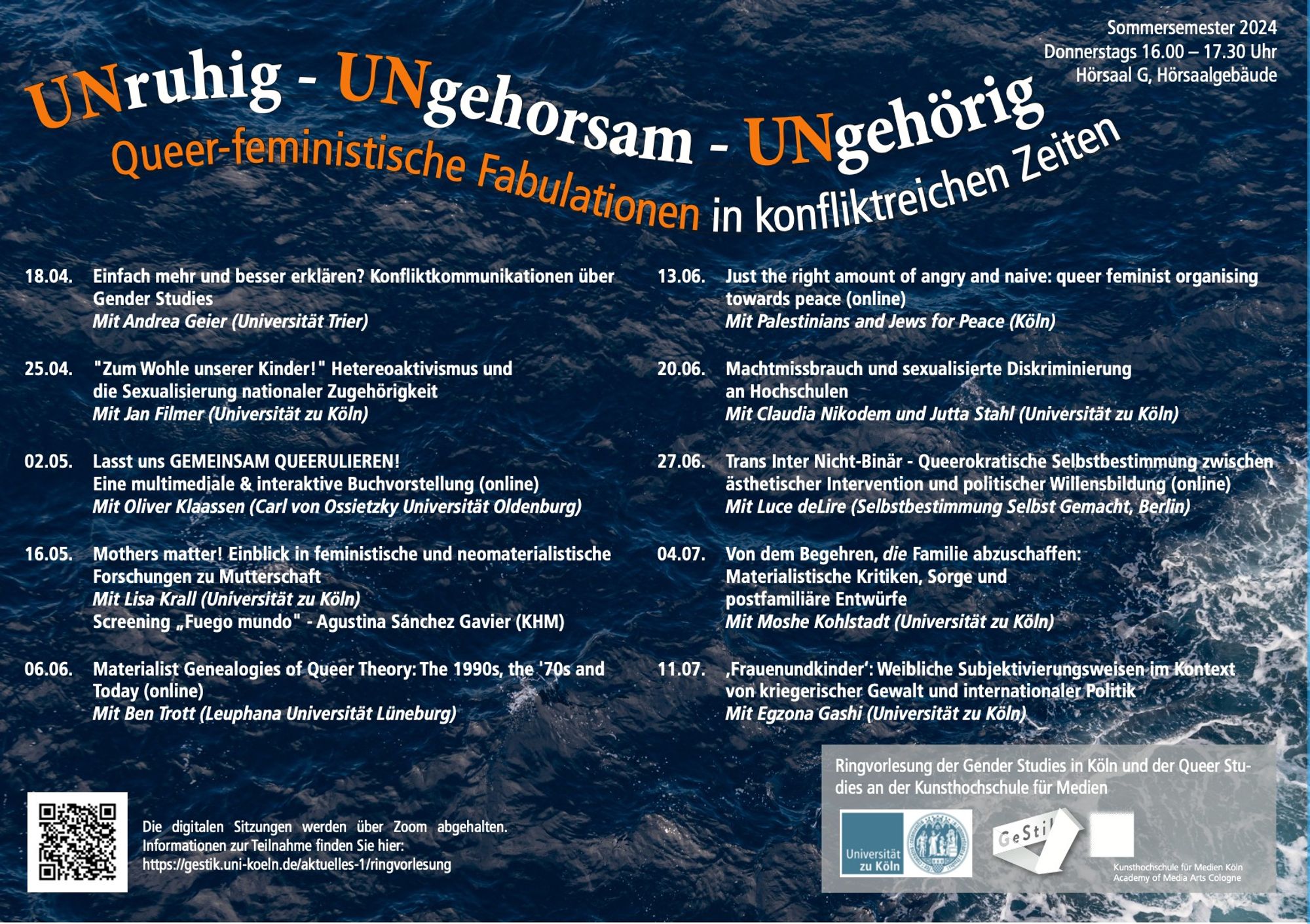 Plakat der Ringvorlesung "Unruhig - ungehorsam - ungehörig. Queerfeministische Fabulationen in konfliktreichen Zeiten", mein Vortrag ist am 18.4., Do 16.00-17.30 Uhr, Hörsaal G, Hörsaalgebäude Uni Köln, mein Thema: Einfach mehr und besser erklären? Konfliktkommunikationen über Gender Studies