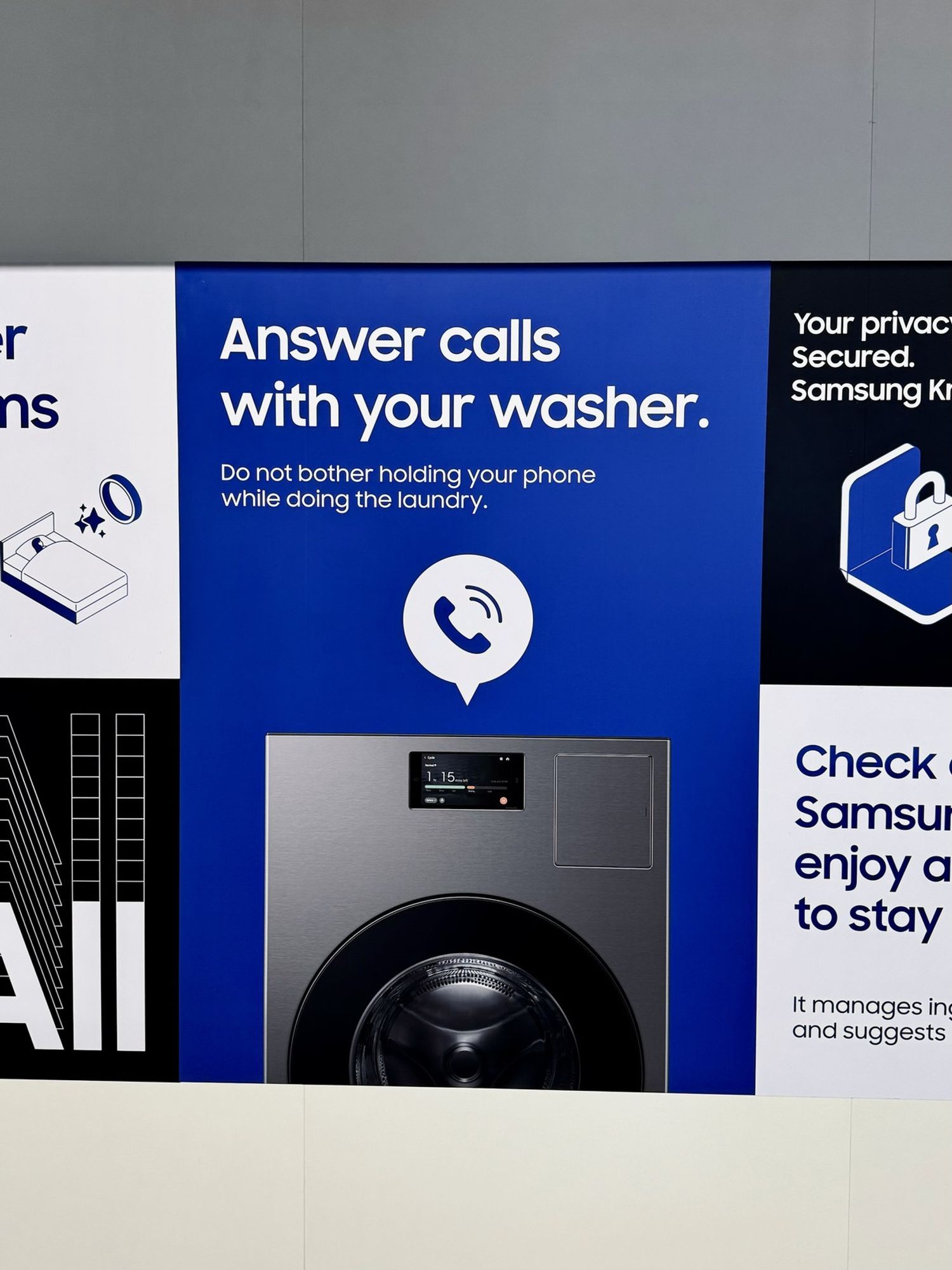 Blue poster with photo of a washing machine reads "Answer you calls with your washer."