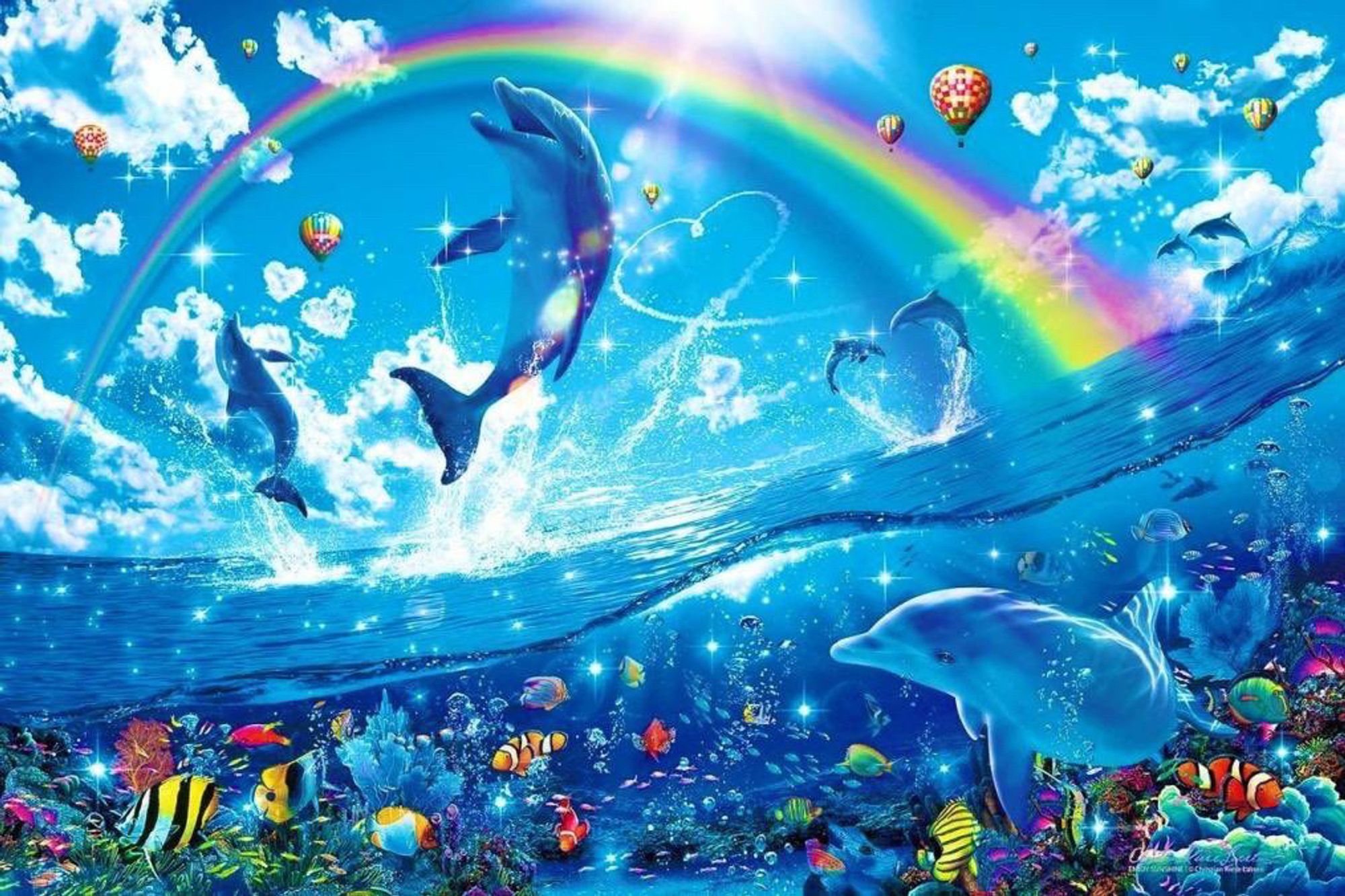 A CGI image of a group of dolphins beneath a rainbow, surrounded by colourful fish and brightly patterned hot air balloons.