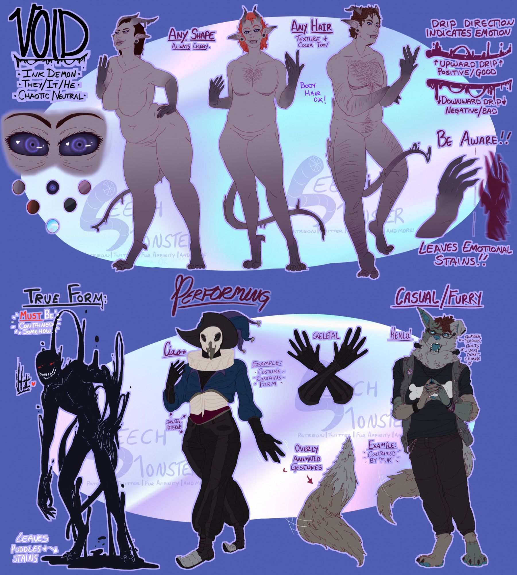 a reference showing off void's various forms, from the ink stained skin humanoid versions to the slimelike true form, the jester plague doctor vtuber form, and the frankendog fursona form