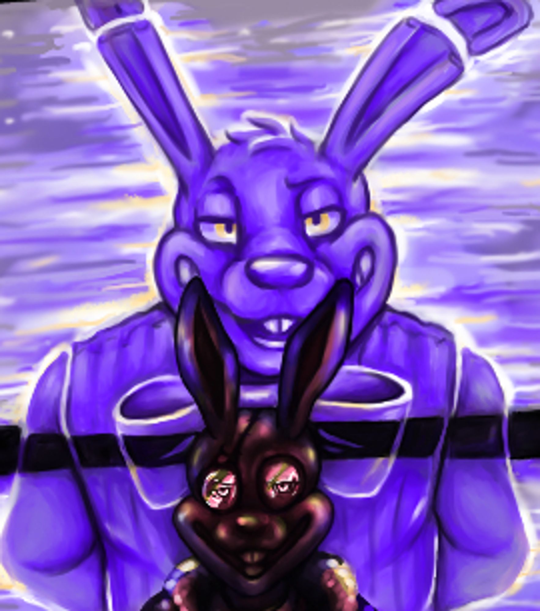 a work in progress illustration of void's glitchtrap design standing behind void's vanny design for the murder bunnies au