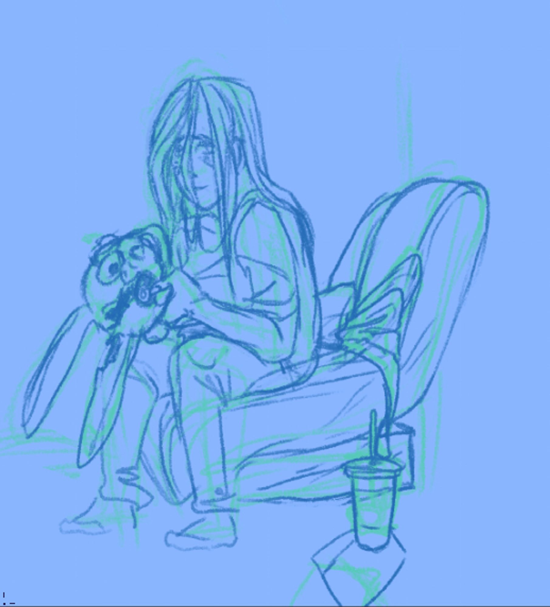 a sketch of after timeskip vanessa sitting on what looks to be an abandoned mattress with food  nearby. She looks absolutely exhausted and like she has been barely taking care of herself as she holds the Vanny mask, a large crack in the process of being repaired.