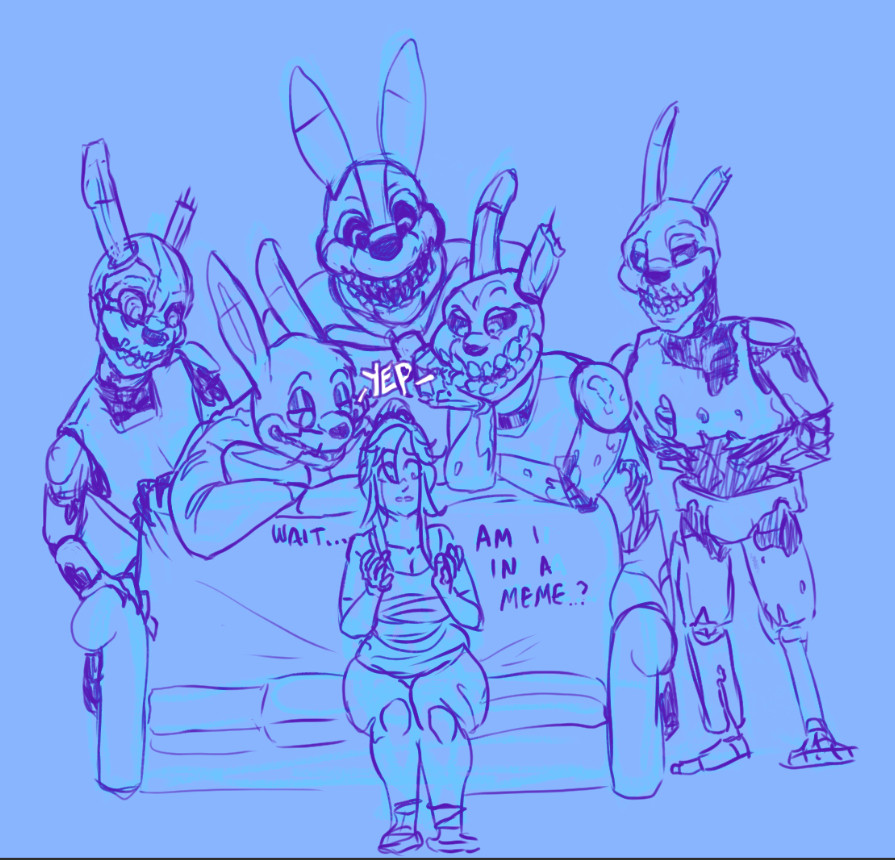 vanessa sitting on a couch, looking at her hands and asking if she's in a meme nervously. Behind the couch stands 5 different versions of william afton in the form of scraptrap springtrap gltichtrap burntrap and the yellow rabbit mimicking the piper perry meme