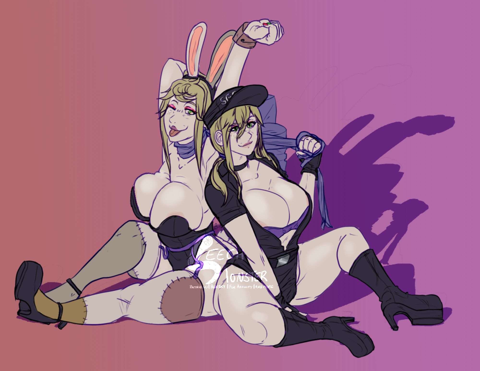 a picture of vanessa from scurity breach dressed in a 'sexy' guard outfit. She is holding onto a clone of herself dressed in a bunny suit patterened after vanny's suit by a long ribbon almost like a leash