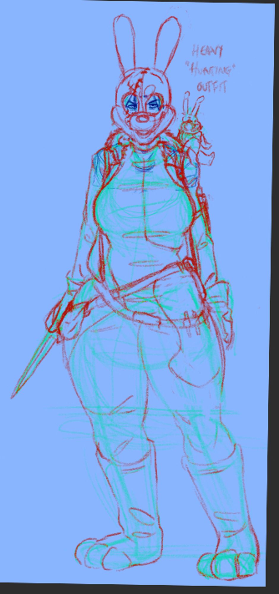 a sketched design of Vanny's outfit from security breach, featuring a white vest, and belts hooked to her hips that have bags and other items. A small glitchtrap sits on her shoulder.