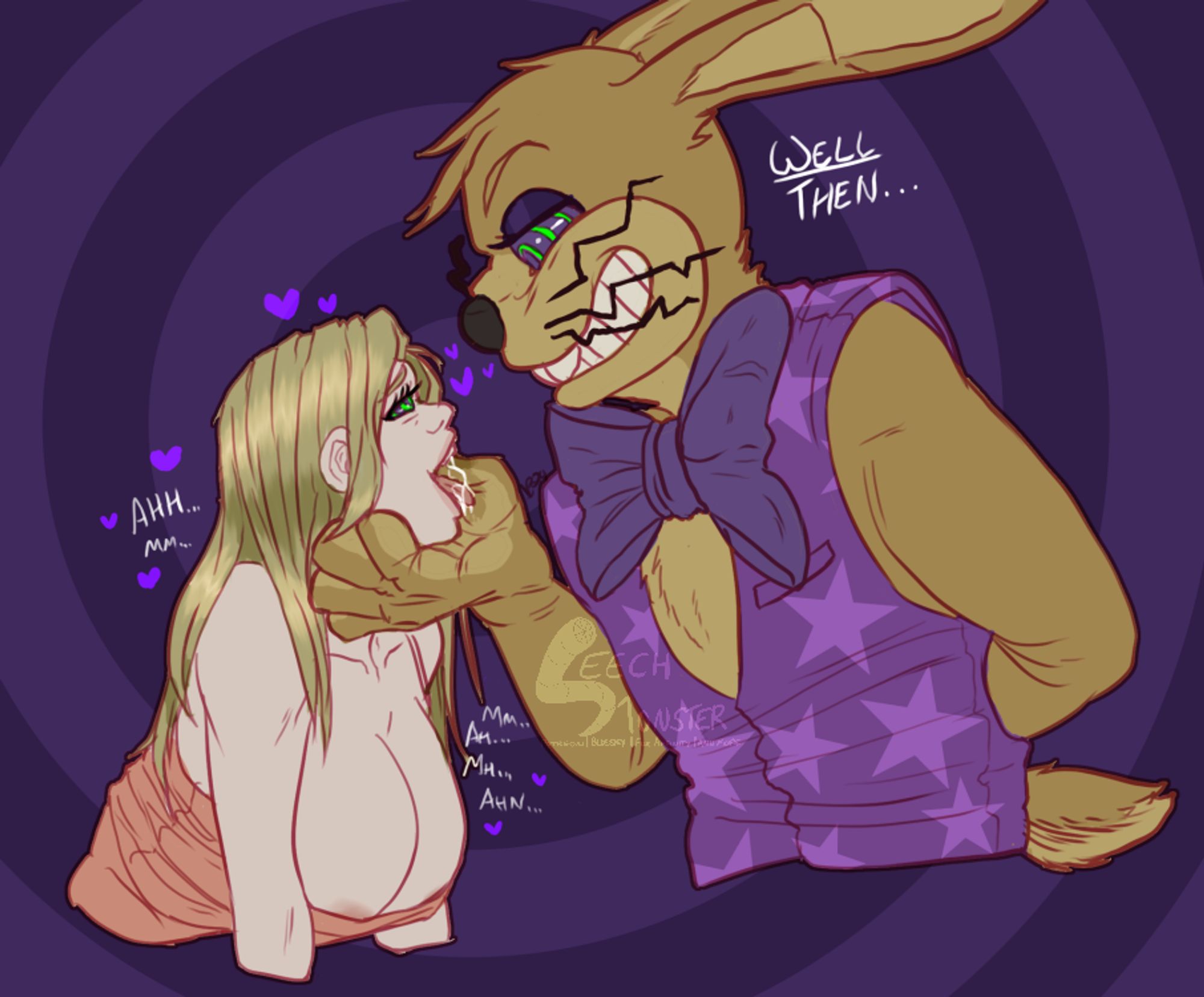 glitchtrap holding onto vanny slash vanessa's chin as she stares back with large hypnosis spirals in her eyes