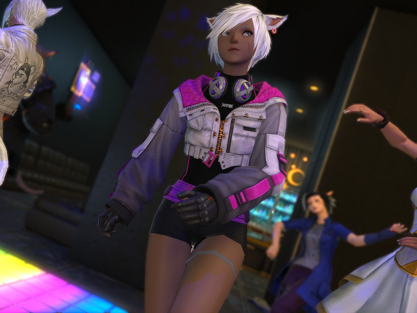 a catgirl dancing in a classic club venue setting. she has headphones but she isn't listening to anything