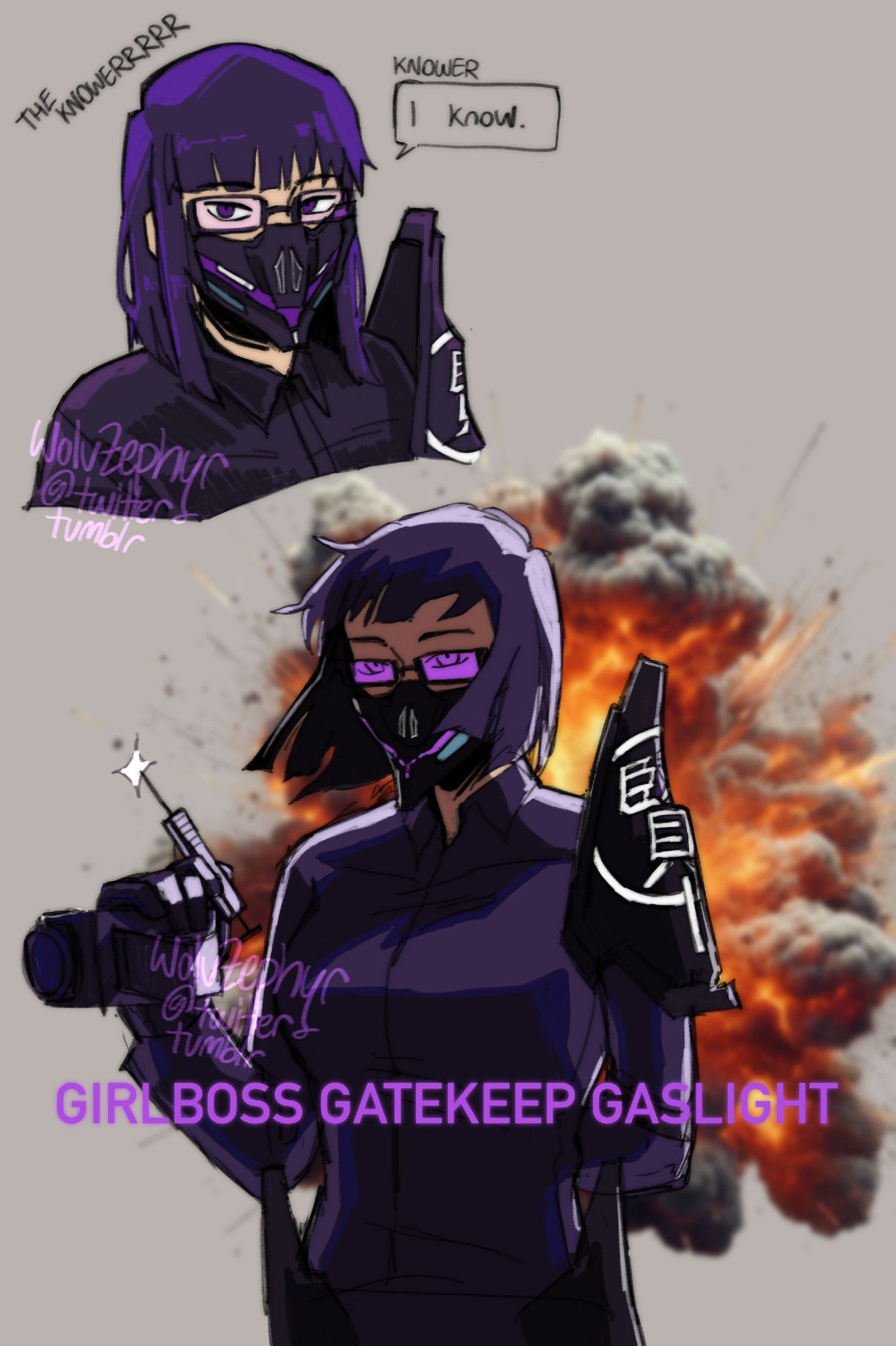 Two drawings of Knower from 1000xRESIST. The upper doodle is a neutral portrait labelled "the knowerrrr" with a speech bubble saying "I know." The lower drawing is Knower holding a camcorder and syringe, facing away from an explosion, captioned "GIRLBOSS GATEKEEP GASLIGHT".