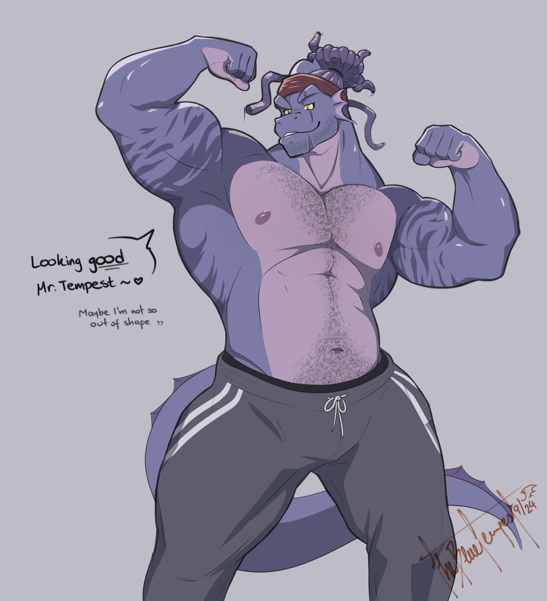 Gredorim (blue anthro dragon) in his sweatpants flexing (in front of a mirror) and smirking.
He says "Looking good Mr. Tempest~ <3 Maybe I'm not so out of shape..."