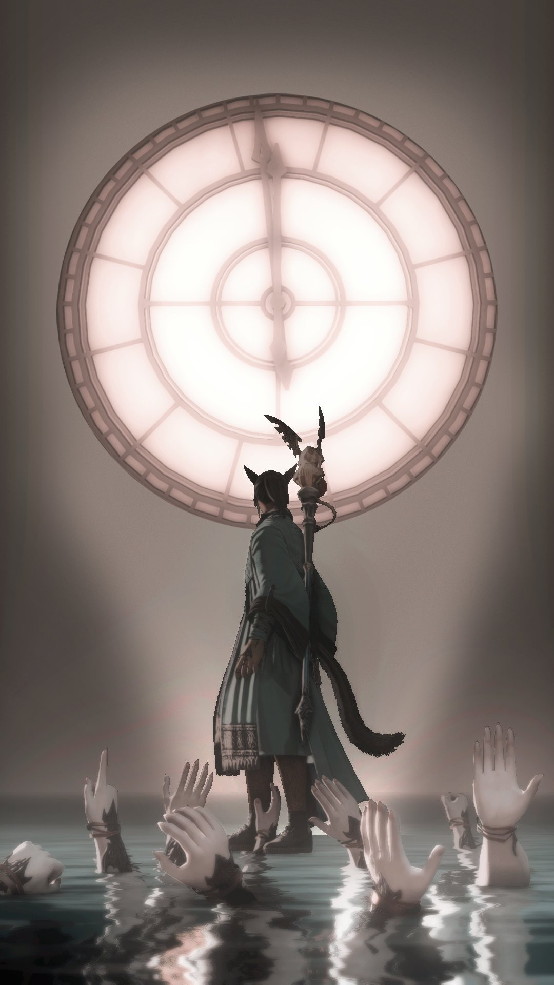 An image of a miqo'te from Final Fantasy 14 named Dian. He is standing on the surface of the sea. The backdrop is foggy and there is a clock in the sky timed at one minute to midmight. There are hands coming out of the water in various positions but gives the sense that they are calling for help, evoking a sense of guilt at not saving them. 