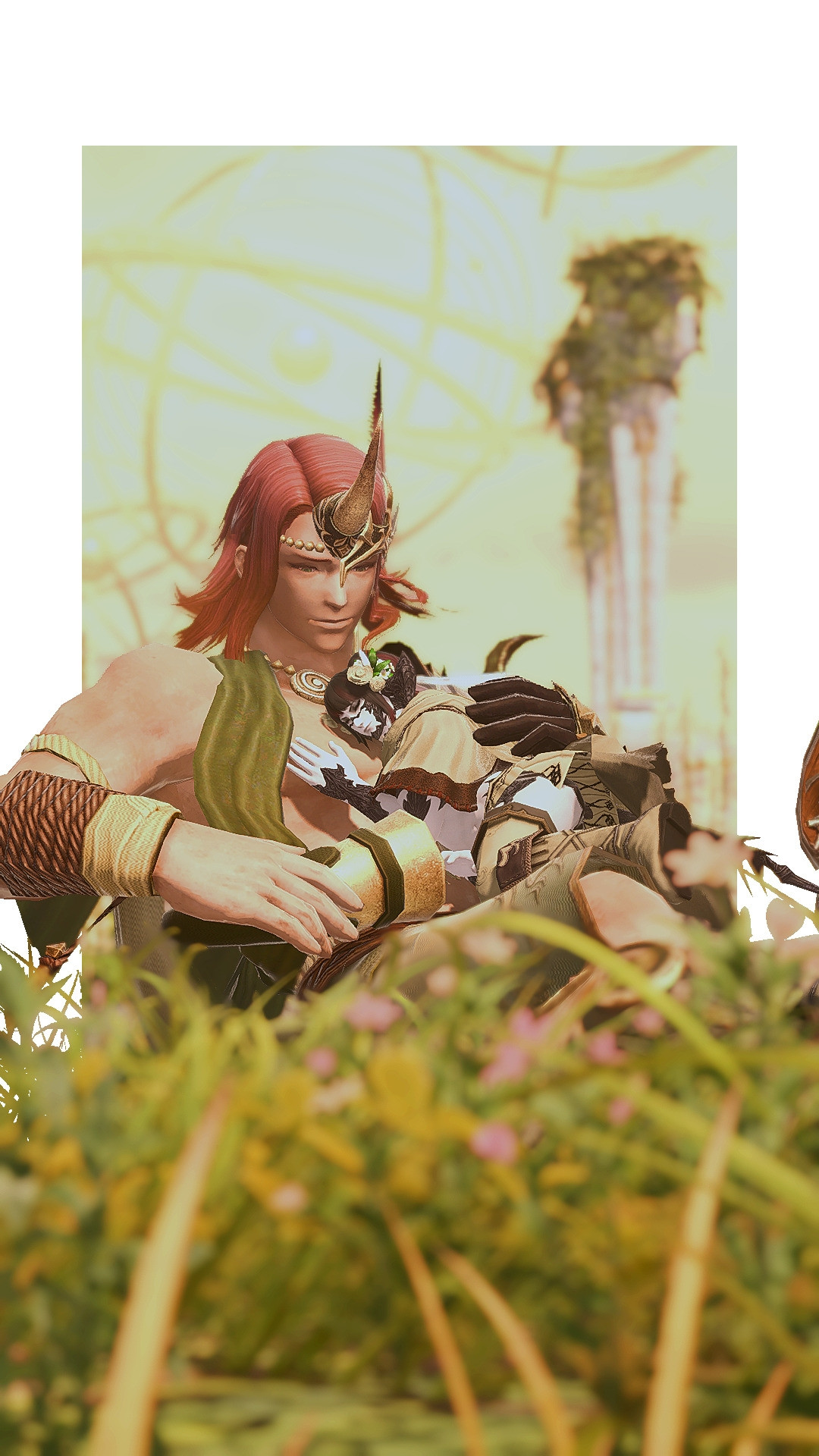 An image of an Au Ra from Final Fantasy 14 named Ace. He is wearing Deryk's signature light green cape while laying across the chest of the patron Oschon. They are relaxing in a field of grass and small pink flowers in the Omphalos, the scene giving off a peaceful atmosphere. 