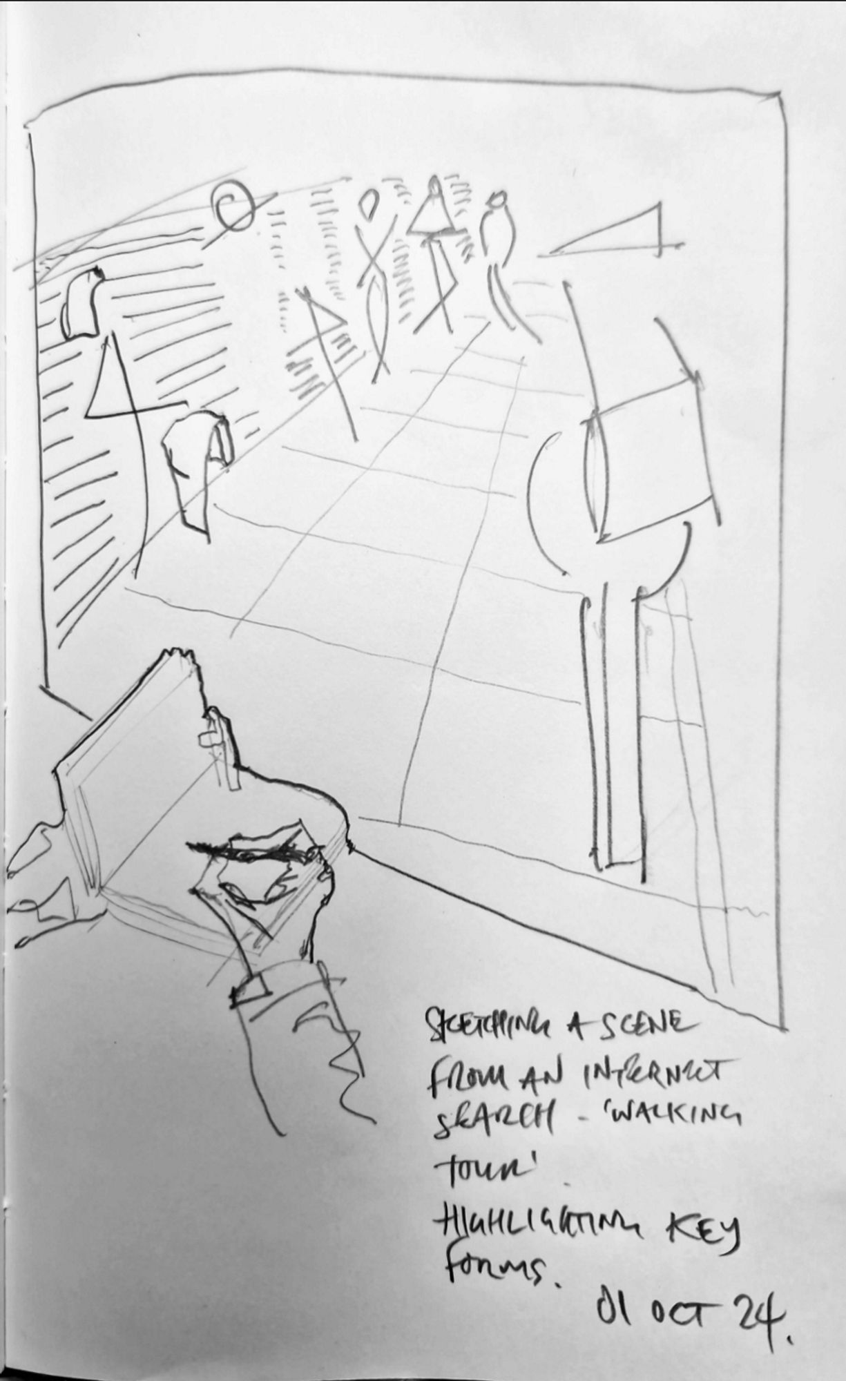 Pencil sketch, of stylised street scene of people listening to a walking tour guide, framed, with my hand and sketchbook visible