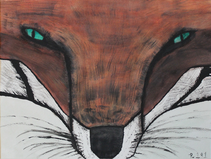 Watercolor of a fox’s face with green eyes