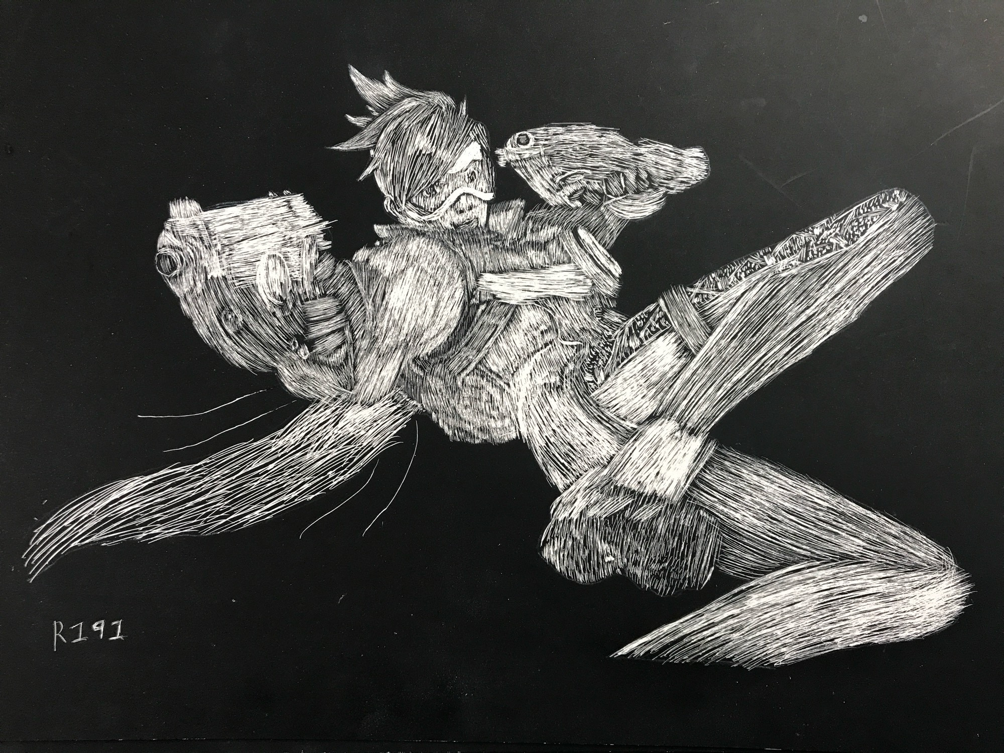 Scratchboard art of the Promo art of Tracer from Overwatch