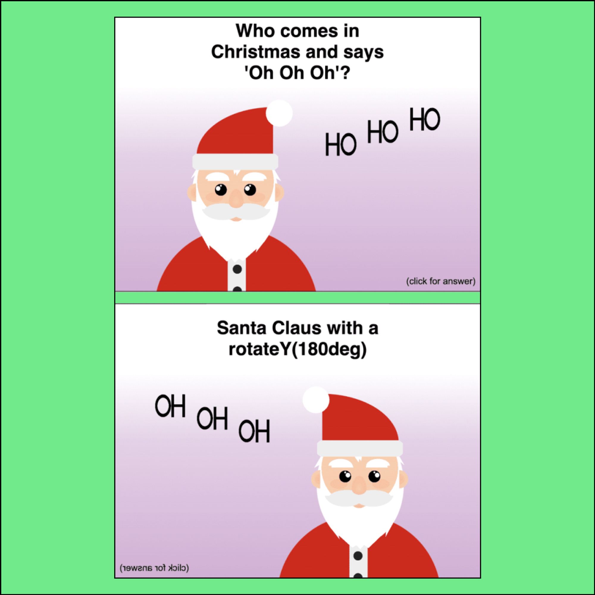 CSS Santa Claus Cartoon: 
“Who comes in Christmas and Says ‘Oh Oh Oh’? (Santa says “Ho Ho Ho”)  Santa Claus with a rotateY(180deg)
(Santa says “Oh Oh Oh”)