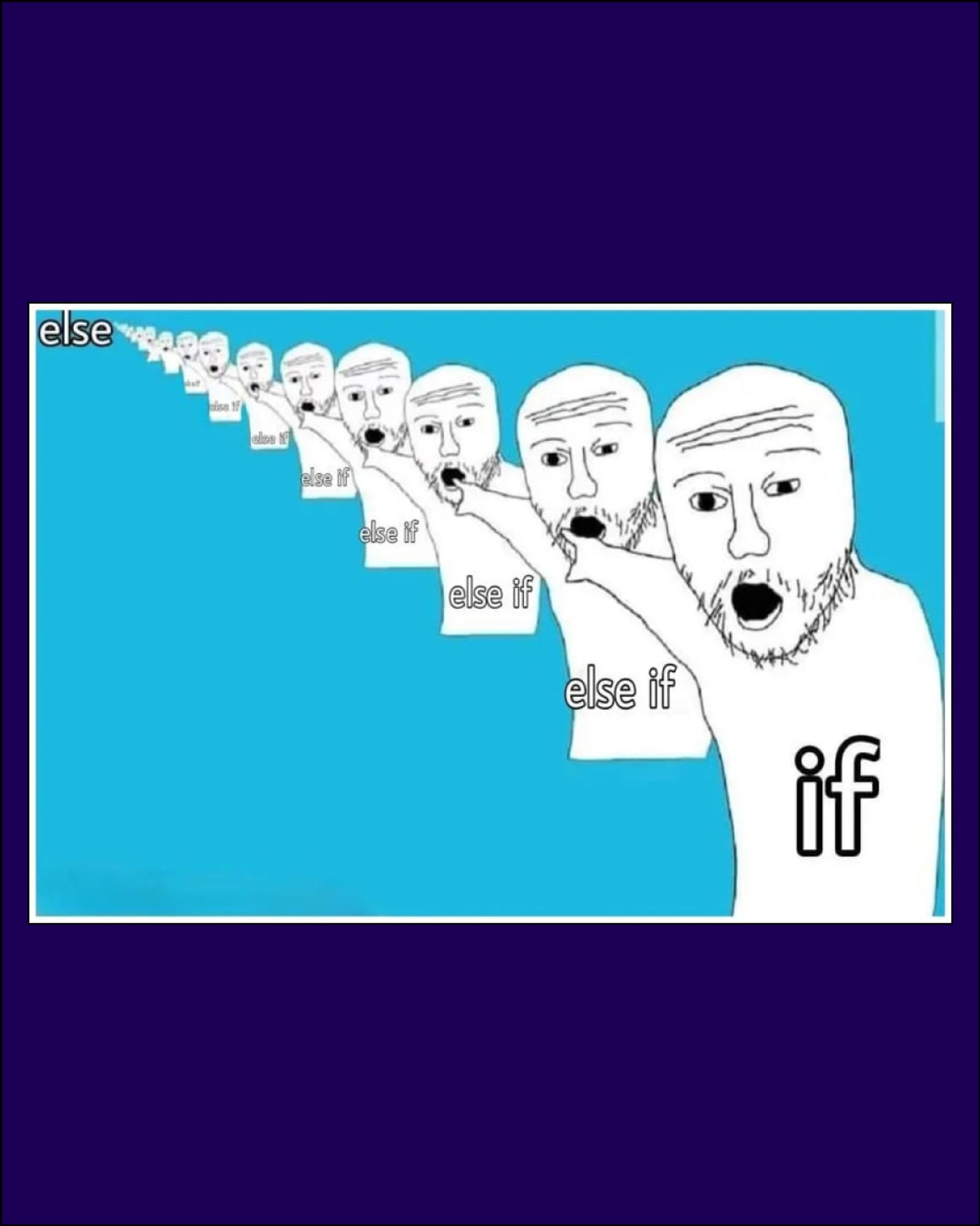 A cartoon man with a beard pointing off into the distance, repeating back into the distance forever. First person “if”, second person “else if”, “else if” continues forever... “else”.