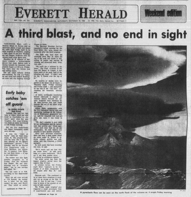 Front page of the Everett Herald from Oct. 18, 1980 with headline "A third blast, and no end in sight" with an AP photo of Mount St. Helens in eruption on Oct. 17.
