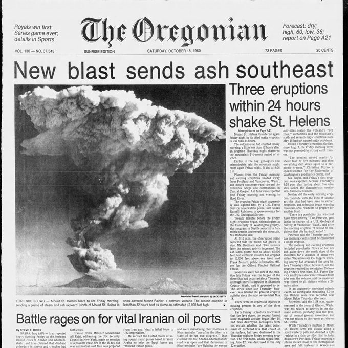 Front page of The Oregonian from Oct. 18, 1980 with headline "New blast sends ash southeast" with an AP photo of Mount St. Helens in eruption on Oct. 17.
