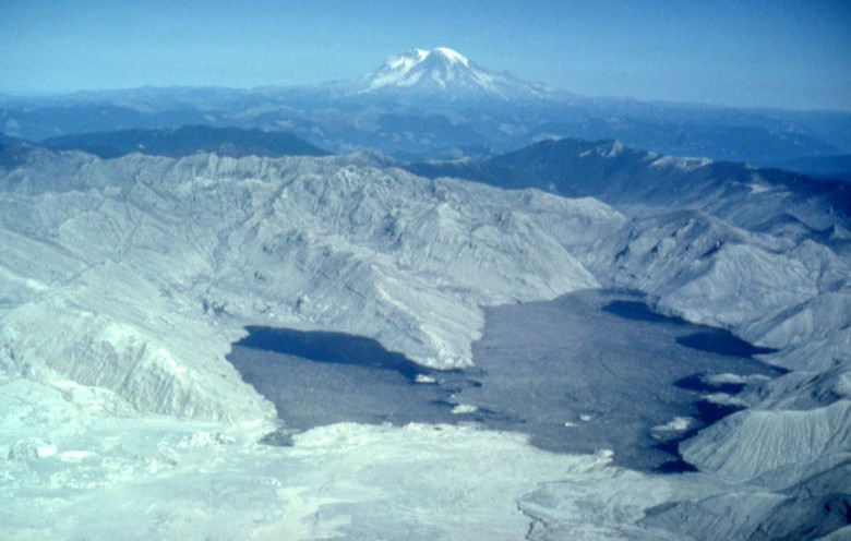 Spirit Lake and surrounding devastated zone. Mount Rainier/Tahoma in distance. October 4, 1980. USGS.