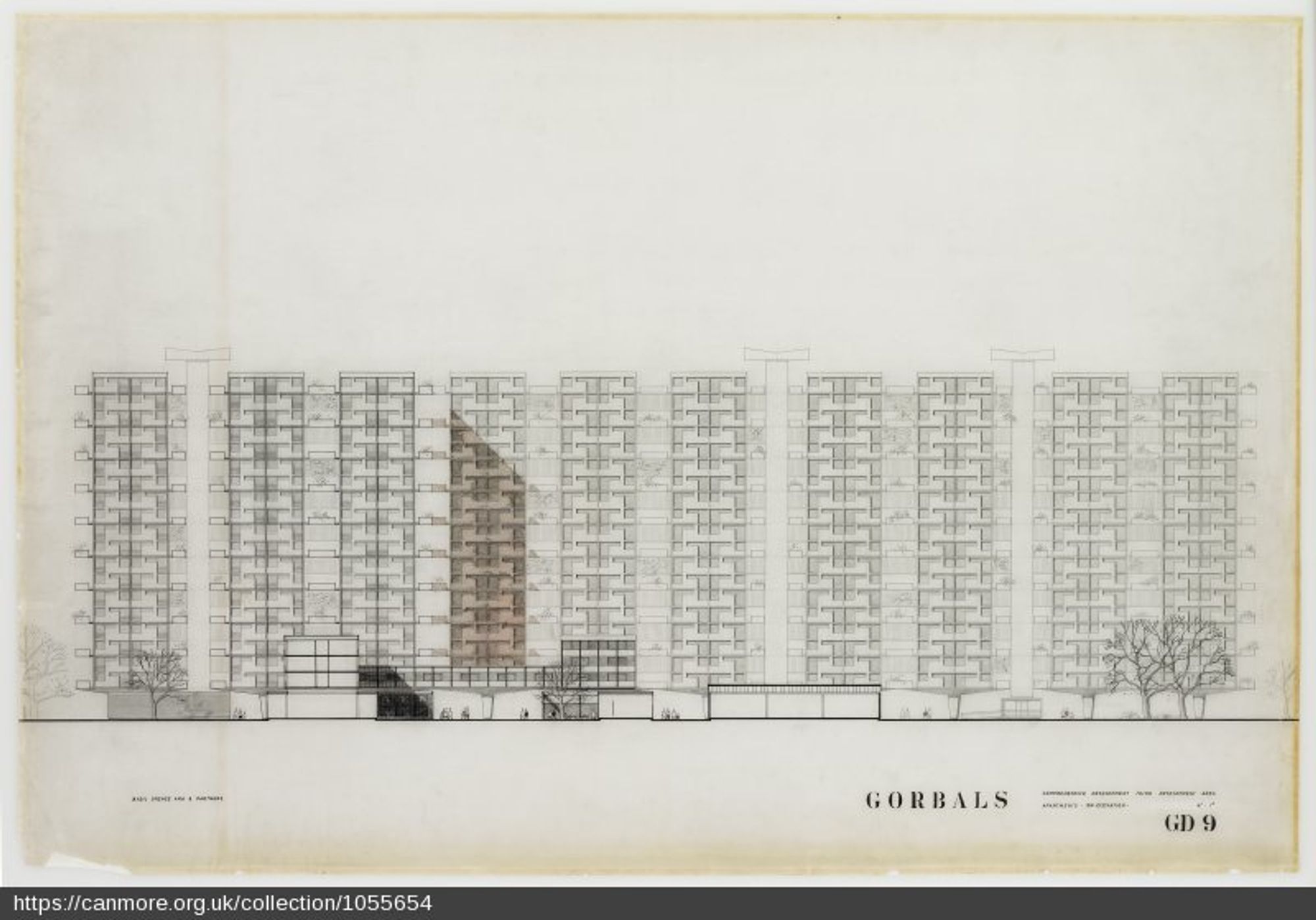 Drawing of Basil Spence's Hutchesontown Area C flats, south west elevation, 1958, Canmore archives ref: DP00020920