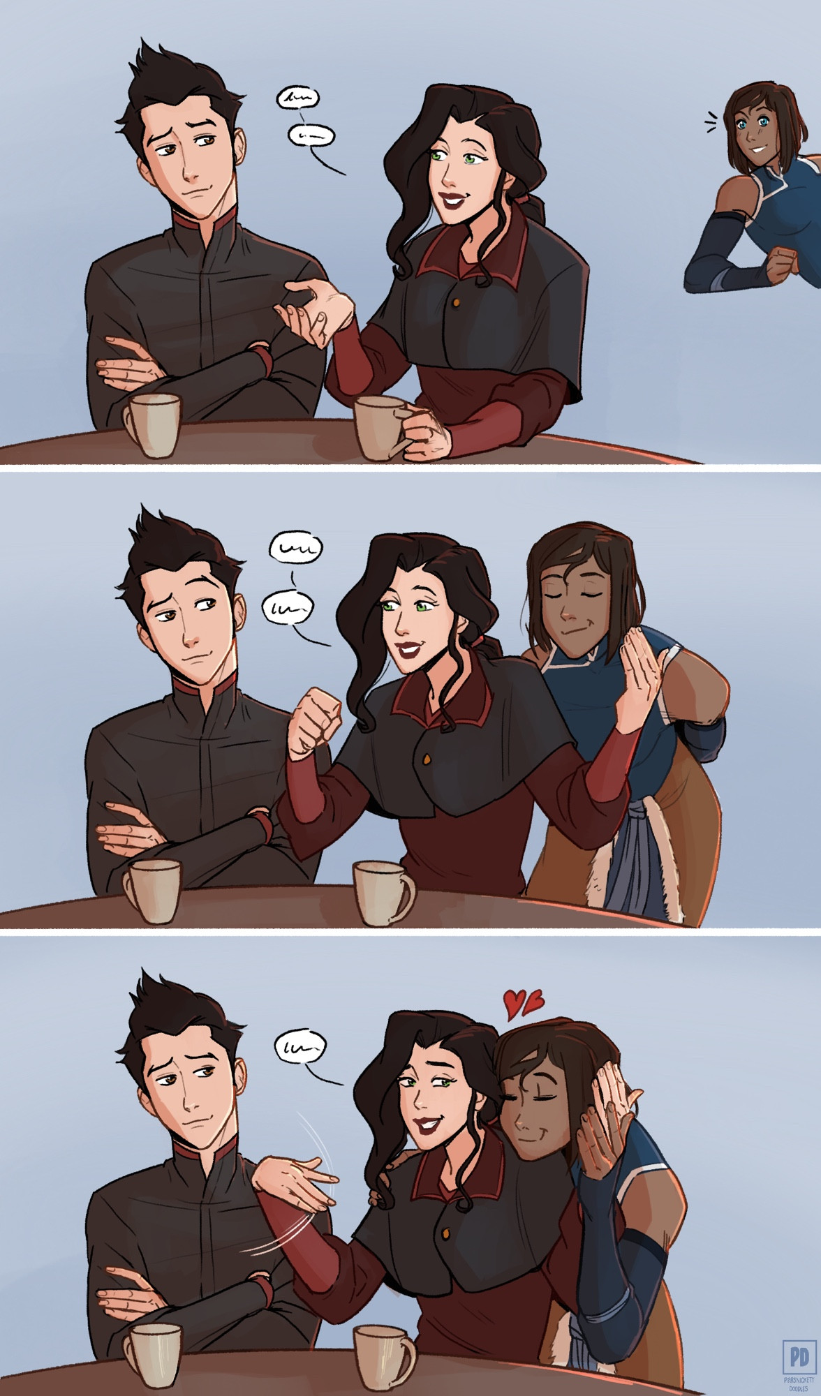 A 3-panel comic featuring Mako, Asami, and Korra. In the first panel, Asami and Mako are having a conversation and Korra peaks in from the side. 
In the second panel, Asami reaches her arm out mid-conversation as Korra approaches from behind.
In the final panel, Korra rests her head on Asami’s shoulders as she pulls her hand close to her. Asami finally looks over with a warm smile.