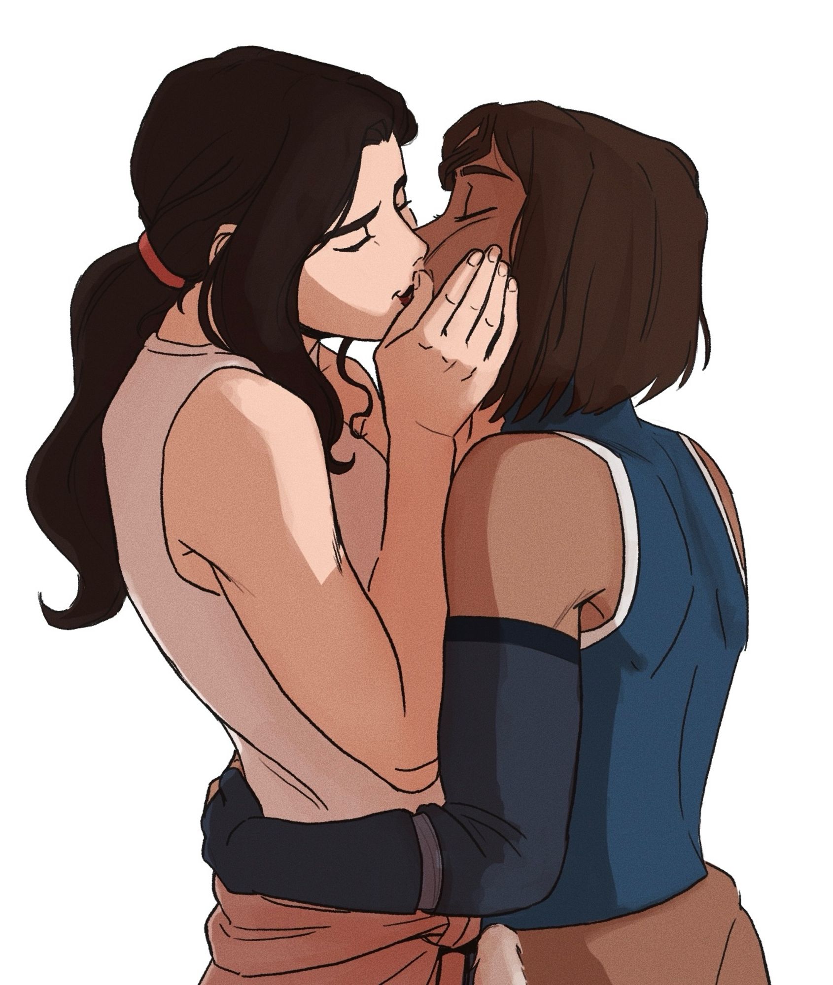 Digital drawing of Asami kissing Korra. Asami is in the left, cradling Korra’s cheek while Korra pulls Asami closer.