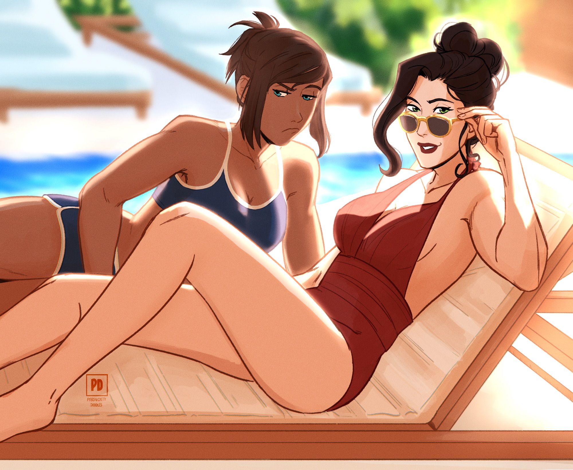 Digital drawing of Korra and Asami relaxing near a pool. Asami is in front, sitting back on the lounge chair in a dark red one piece, sliding her glasses down to smile at the camera. Korra is right behind her on her side, wearing a blue two piece, looking annoyed. The sun is shining from behind.